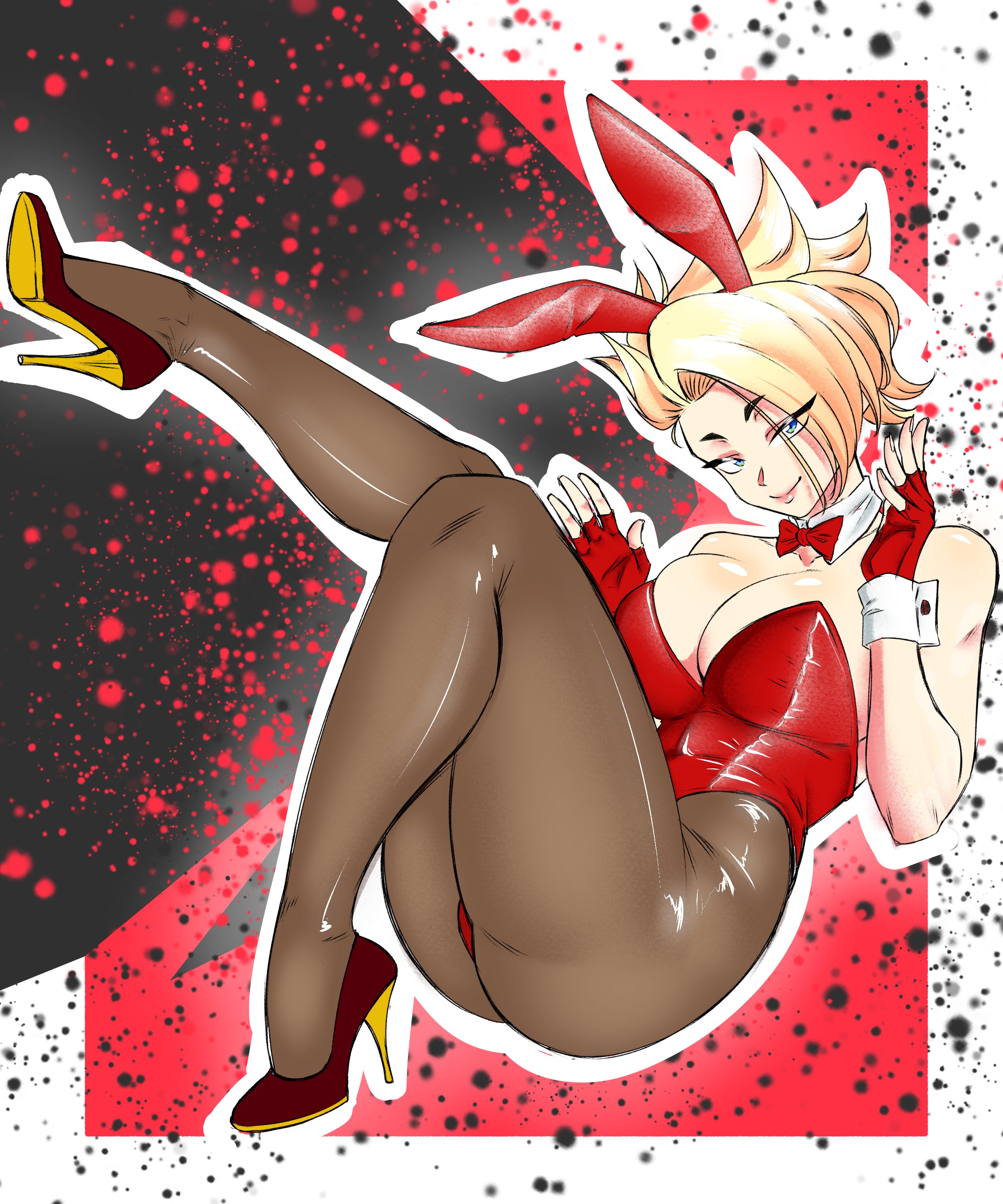 1girls, ass, big ass, big breasts, blonde female, blonde hair, blonde-haired female, blue eyes, bowtie, brawl stars, breasts, bunny ears, bunny girl, bunnysuit, clothed, clothed female, collar, detached collar, eyelashes, fake animal ears, female, fingerless gloves, geudubs, gloves, heels, high heels, huge breasts, leg up, light skin, light-skinned female, looking at viewer, lumi (brawl stars), pantyhose, playboy bunny, red leotard, shiny skin, simple background, solo, strapless leotard, textless, thick thighs, wide hips, wrist cuffs