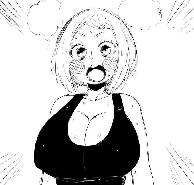 big_breasts big_eyes black_and_white blush coffing_(artist) huge_breasts my_hero_academia ochako_uraraka shocked sweat tagme tank_top