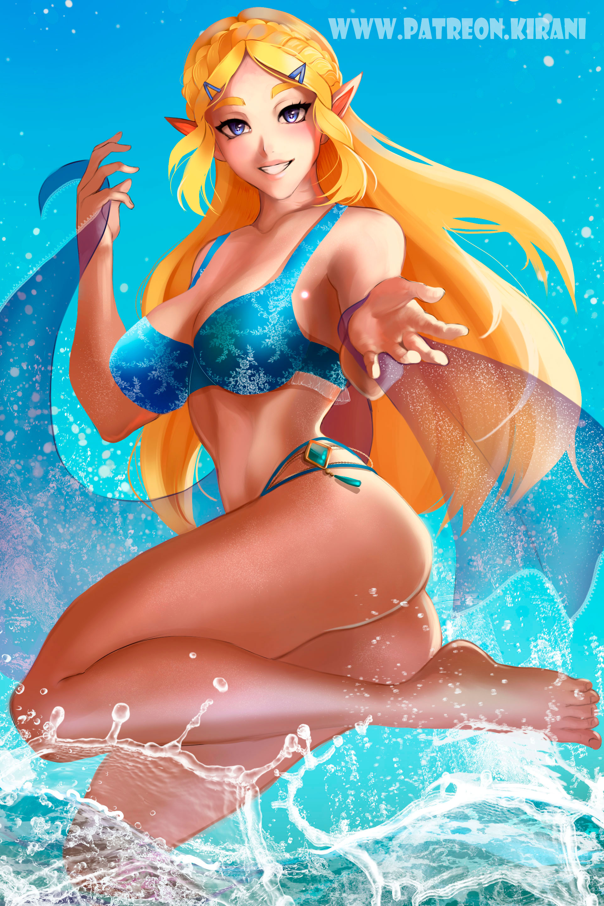 1girls, alternate costume, ass, bikini, blonde hair, breasts, breath of the wild, cleavage, day, female, female only, grin, kirani, large breasts, looking at viewer, midriff, nintendo, outside, princess zelda, smile, solo, standing, the legend of zelda, zelda (breath of the wild)