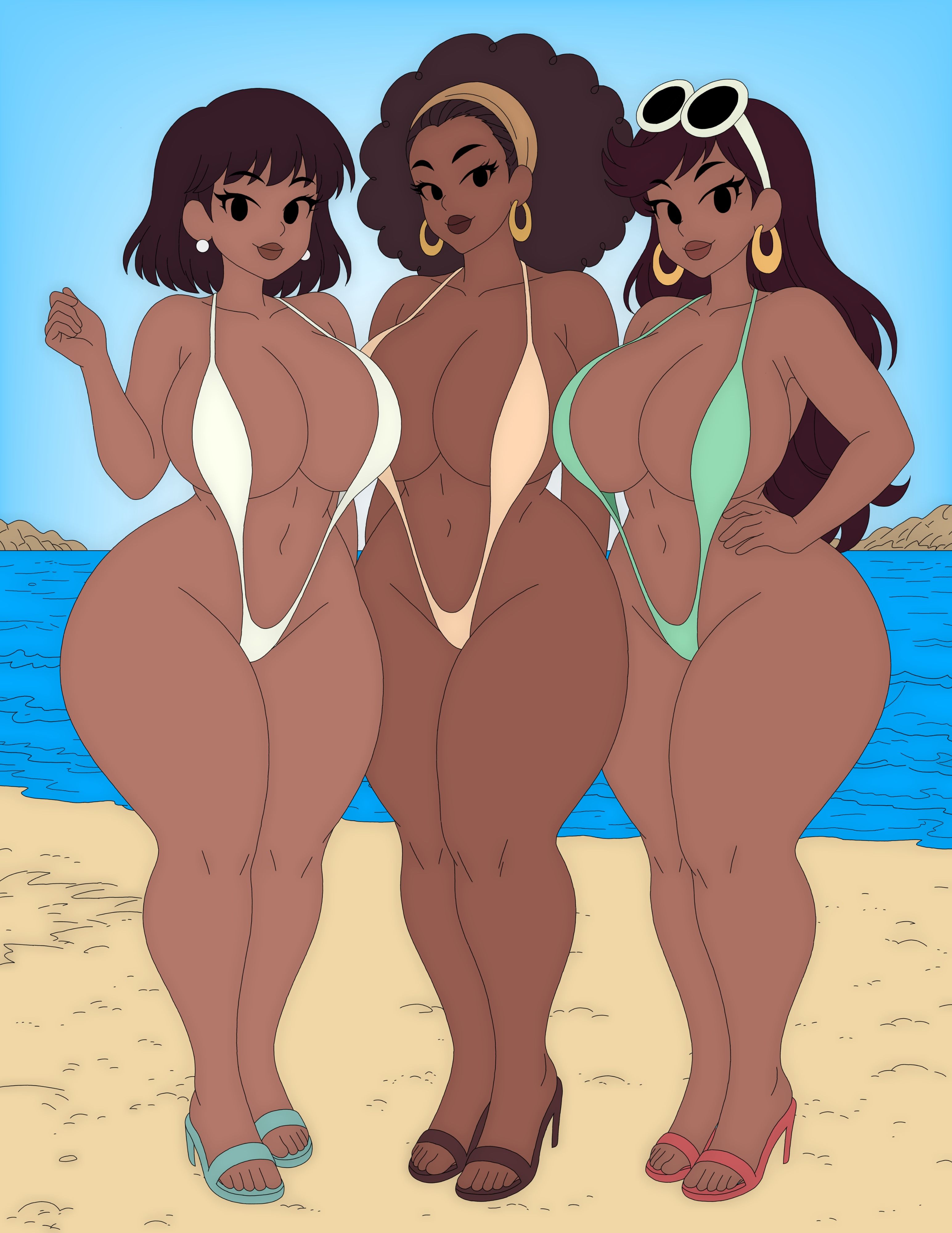 3girls, afro, artvi, beach, beige bikini, bita (the loud house), bleni, blori (the loud house), blue sky, brown skin, cleavage, curvy, dark skin, daytime, gold earrings, green bikini, headband, high heels, highres, hoop earrings, huge ass, huge breasts, leni loud, long hair, looking at viewer, lori loud, massive ass, massive breasts, micro bikini, multiple girls, nickelodeon, nicktoons, ocean, outdoors, plump, rita loud, sand, short hair, sling bikini, smile, standing, sunglasses on head, swimsuit, tagme, the bloud house, the loud house, thick thighs, underboob, white bikini, wide hips
