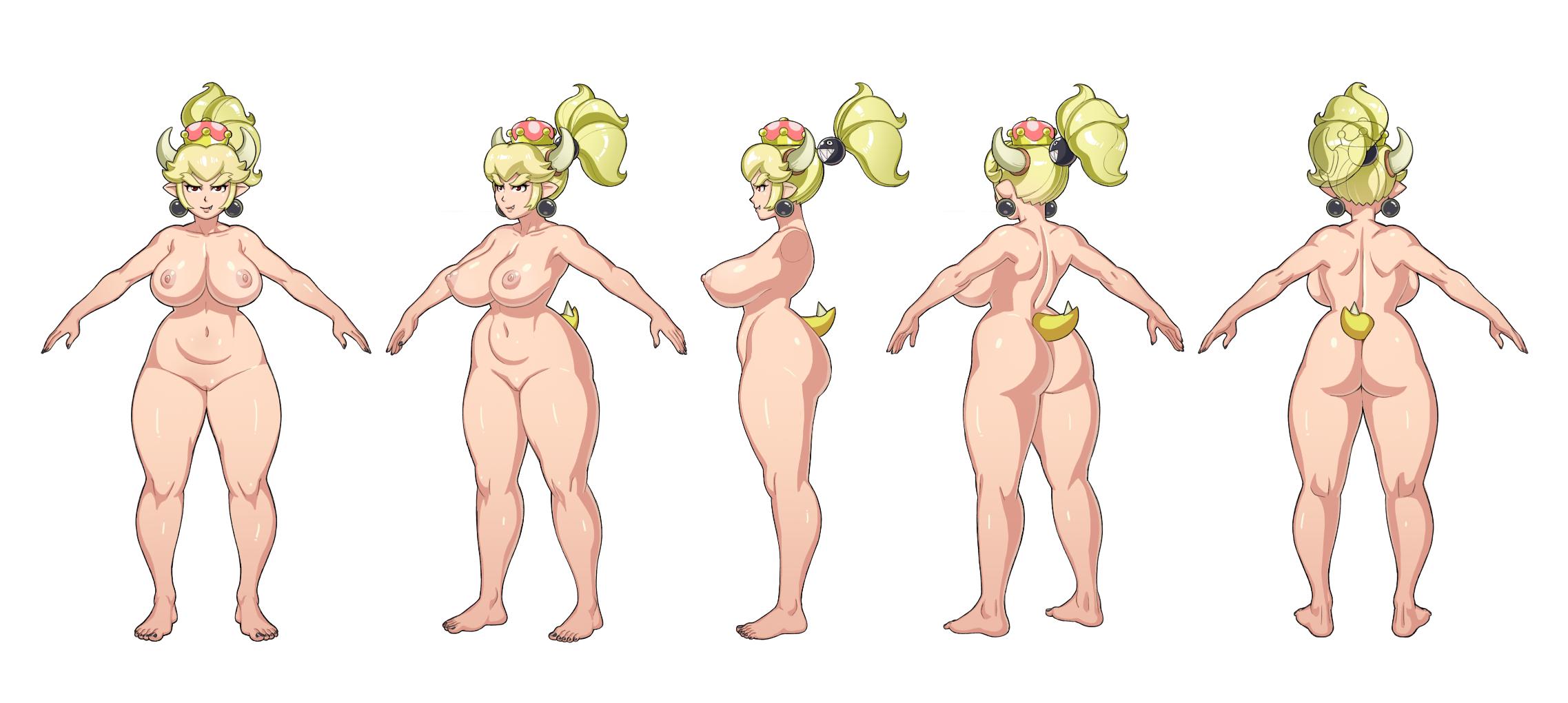 1girls, 5 toes, a-pose, areolae, ass, barefoot, big breasts, black toenails, bowsette, breasts, character sheet, crown, feet, female, female only, genderswap, hard-degenerate, large breasts, mario (series), model sheet, new super mario bros. u deluxe, nintendo, nipples, nude, ponytail, pussy, rule 63, solo, thick thighs, toenail polish, toes, turnaround, voluptuous, white background