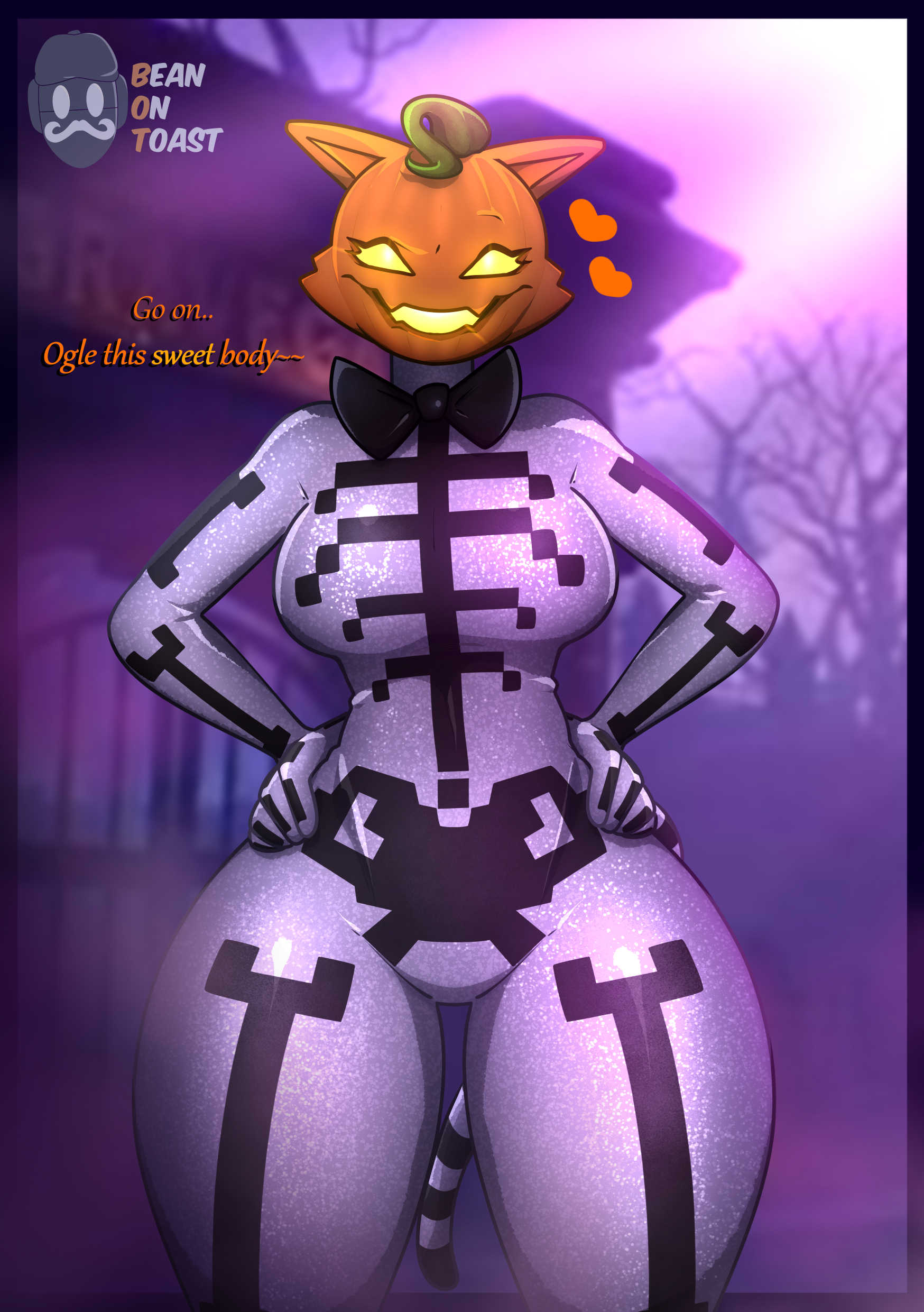 2026, 2d, 2d (artwork), 2d artwork, anthro, anthro female, artist logo, artist name, beanontoast, big breasts, black highlights, female, fortnite, fortnite: battle royale, furry, furry female, no nipples, orange head, pumpkin head, sugar (fortnite), tail, thick thighs, white body, yellow eyes, yellow mouth