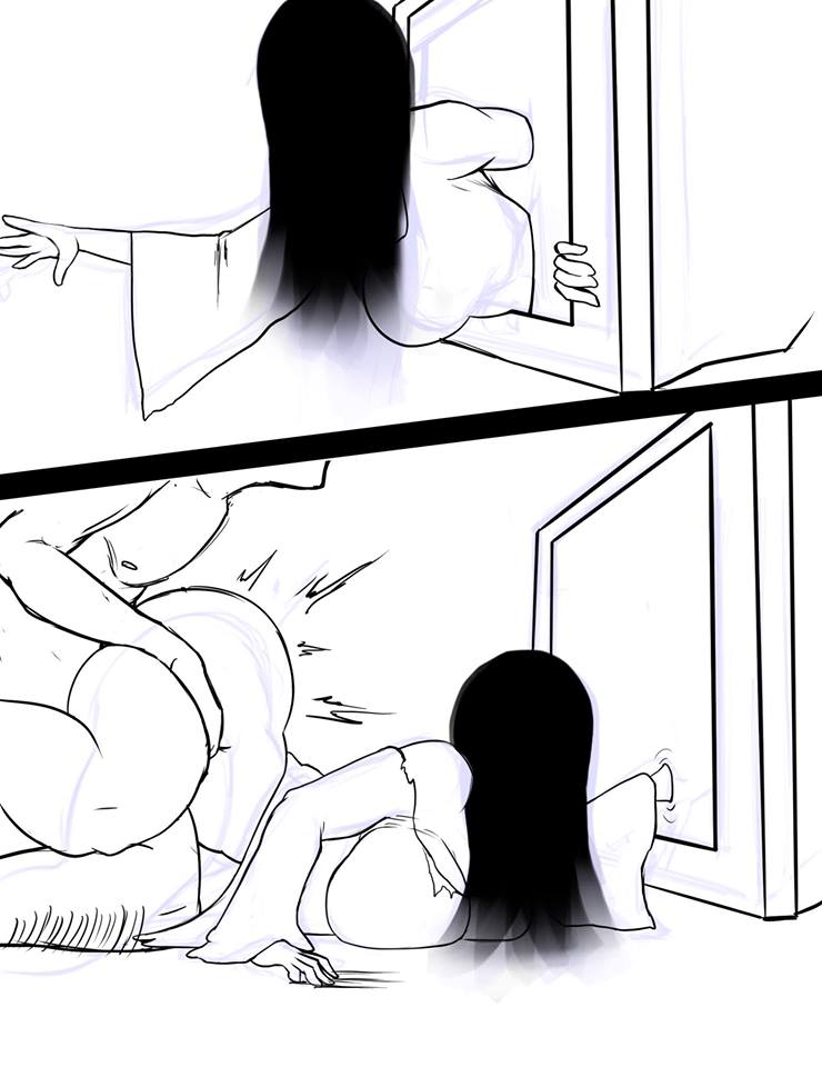 1boy, 1girls, ass, big ass, big breasts, black hair, blinding bangs, breasts, comic, creepy, female, funny, humor, male, monochrome, no eyes, penetration, rape, sex, simple background, strangehero, tagme, the ring, thick thighs, white background, yamamura sadako