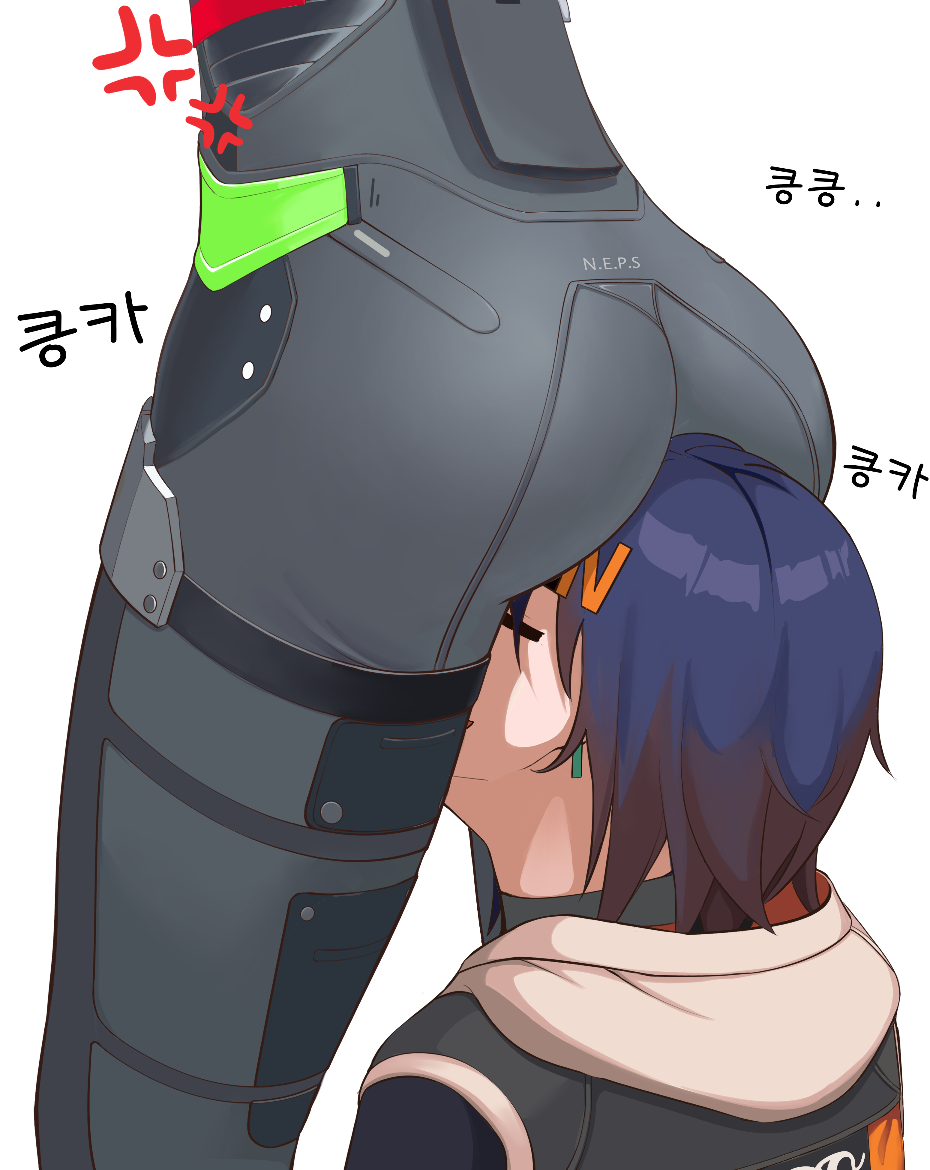 2girls, ass, belle (zenless zone zero), bubble ass, bubble butt, facesitting, female, pants, police, police uniform, sitting on face, sitting on head, tight clothing, tight fit, tight pants, yuri, zenless zone zero, zhu yuan