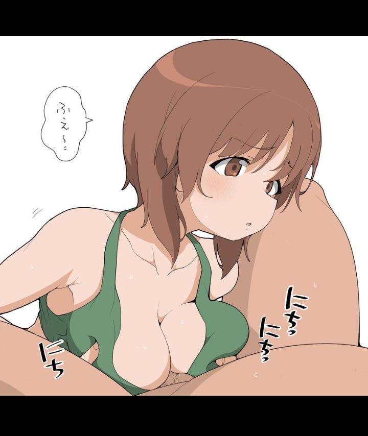 anime_girl breasts brown_eyes brown_hair green_bra half_naked nishizumi_miho paizuri