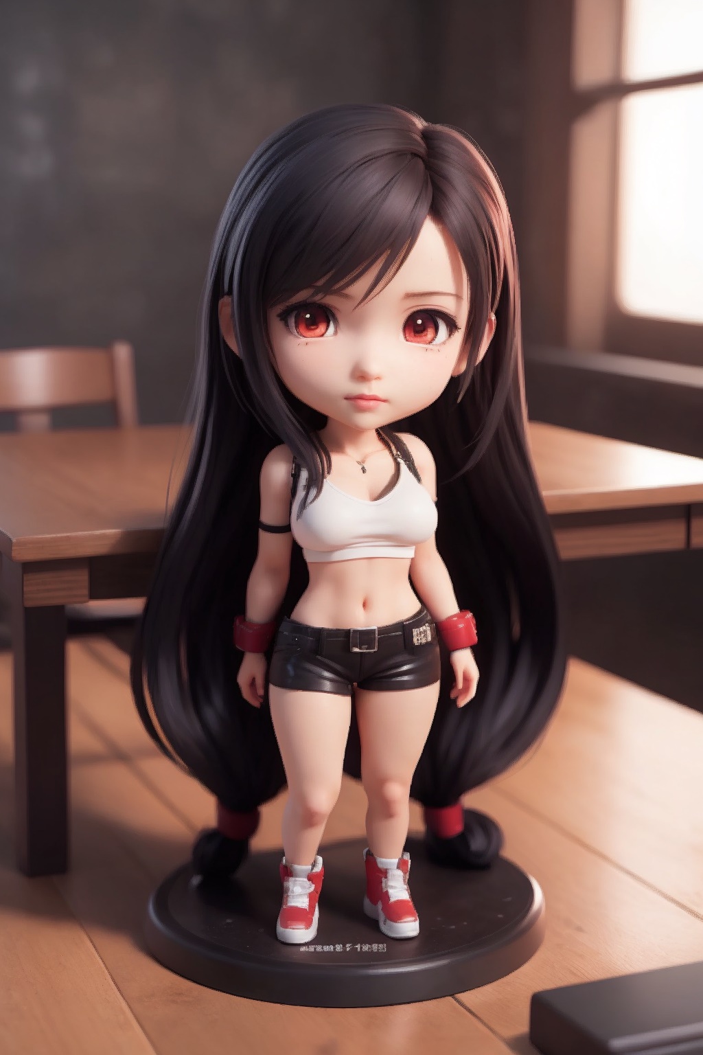 action_figure adorable ai_generated amiibo ankle_socks bangs belly big_eyes black_shorts boobs bra_peek bra_strap bra_visible_through_clothes bracer bracers casual_clothes chair chibi chibi_inset classroom cleavage collectable curvy curvy_ass curvy_body curvy_female curvy_figure curvy_hips curvy_thighs cute ears eye eyebrows eyelashes eyes final_fantasy_vii gloves_removed hair_ribbon indoor legs legs_together lipstick long_hair looking_at_viewer neck necklace pedestal red_eyes red_shoes red_sneakers red_waistband rekcah_mhf seductive shorts shoulders slim_waist smile sneakers solo standing statue stomach sunlight sunshine suspenders_removed table tank_top tifa_lockhart tits toy video_game_character waistband white_shirt white_socks white_tank_top window wooden_floor wooden_table