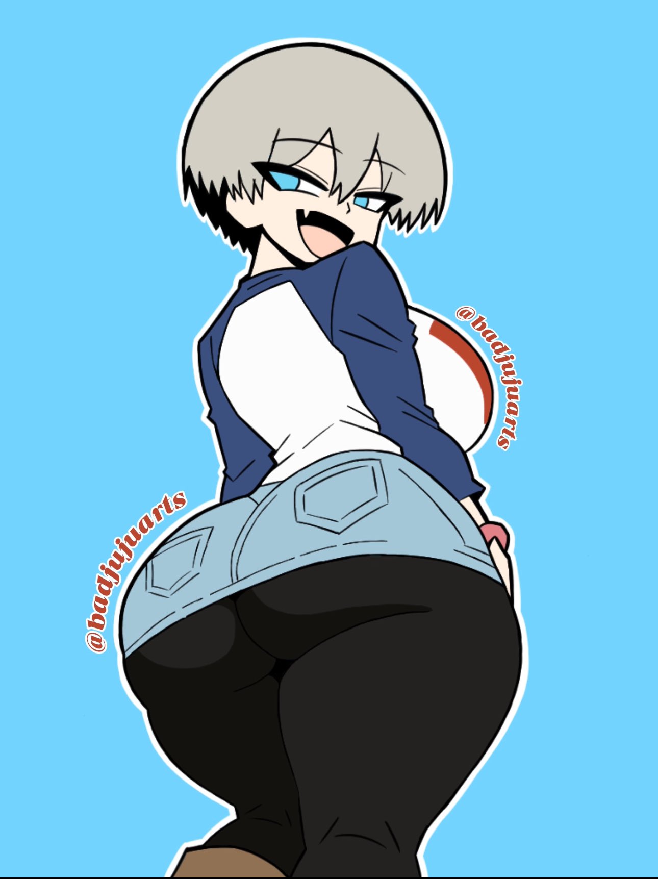 1girls ass ass_focus badjujuarts big_ass big_breasts blue_eyes breasts clothed female female_focus female_only from_behind grey_hair huge_ass leggings looking_back short_hair skirt solo solo_female solo_focus thick thick_ass thick_thighs uzaki-chan_wa_asobitai! uzaki_hana