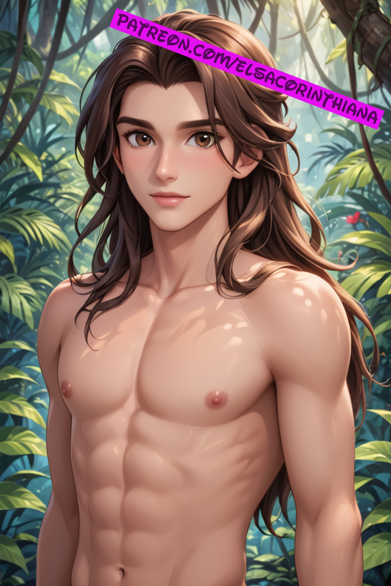 1boy ai ai_generated brown_eyes disney disney_prince elsacorinthiana forest jungle long_hair looking_at_viewer naked naked_male nude patreon skinny tarzan tarzan_(1999_film) tarzan_(character) tarzan_(disney) toned_body