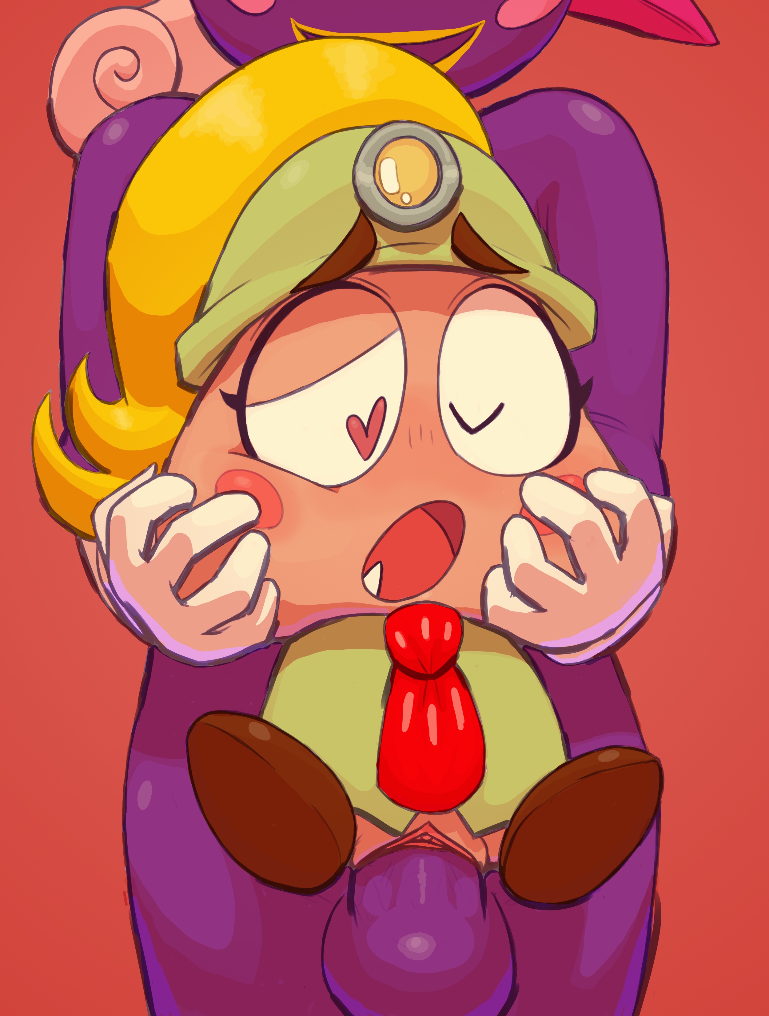 1boy, 1girls, blonde hair, blush, fangs, female, femboy, femboy on female, gloves, goomba, goombella, hat, heart-shaped pupils, male, mario (series), nomnomicus, paper mario, paper mario: the thousand-year door, pussy, smile, tie, vaginal penetration, vivian (paper mario), yuri