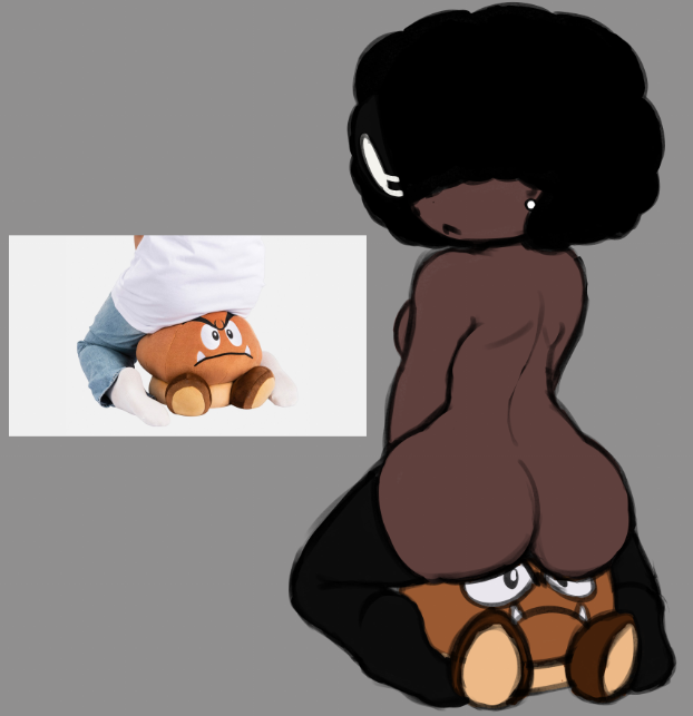 afro anthro art_challenge ass ass_focus audra_(stormtm) back_focus back_view backboob black_hair breasts breasts_out butt butt_crack dark-skinned_female dark_skin ear_piercing earring goomba hair_covering_eye hair_covering_eyes head_turned looking_at_viewer looking_back looking_back_at_viewer mario_(series) partially_clothed reference reference_image simple_background sitting sitting_on_face sitting_on_object stormtm thick_thighs thigh_highs thighhighs turning_head