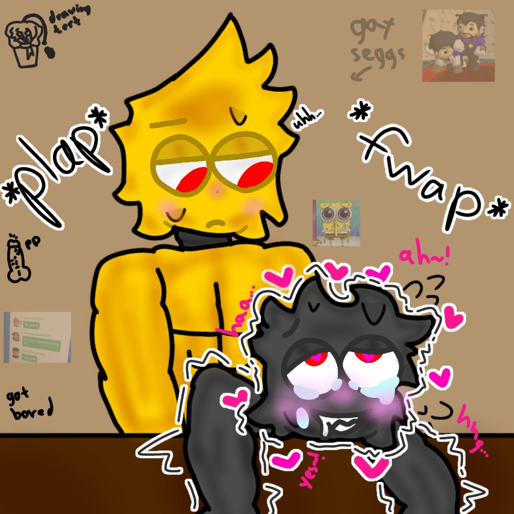 black_body black_hair blush concerned crying crying_while_penetrated crying_with_eyes_open doggy_style gay gay_sex heart heart-shaped_pupils heart_eyes heart_symbol hi_:] memes oc ocs on_table pleasure_face toony yaoi yellow_body yellow_hair