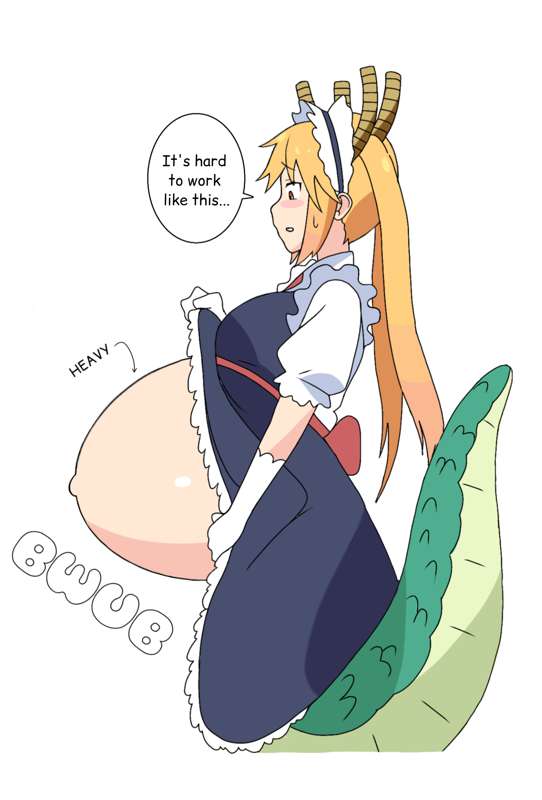 1girls big_breasts bloated_belly blonde_hair clothes_lift dragon dragon_girl dragon_horns dragon_tail female female_only horns huge_breasts jakejaccobus maid maid_headdress maid_uniform miss_kobayashi's_dragon_maid pregnant ready_to_pop solo tail text text_bubble tohru_(miss_kobayashi's_dragon_maid) worried