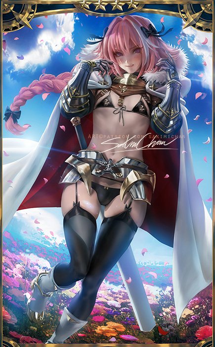 1boy, astolfo (fate), blush, bra, bulge, fate (series), fate/apocrypha, femboy, garter belt, girly, looking at viewer, male, male only, panties, pinup, sakimichan, thighhighs, trap