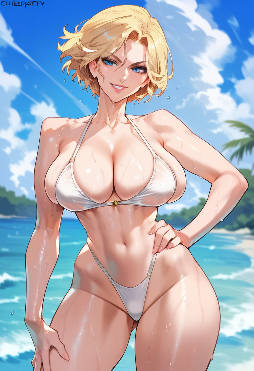 1girls, 2d, about to burst, ai generated, barely contained breasts, barely fits, beach, big breasts, bikini, blonde hair, blue eyes, breasts, day, dc, dc comics, female, hand on hip, hellblueboy4, highleg, highleg bikini, imminent wardrobe malfunction, outdoors, power girl, short hair, smile, solo, solo female, solo focus, superheroine, superman (series), tagme, tight bikini, tight swimsuit, tight swimwear, too small clothes, too tight, undersized clothes, white bikini, wide hips