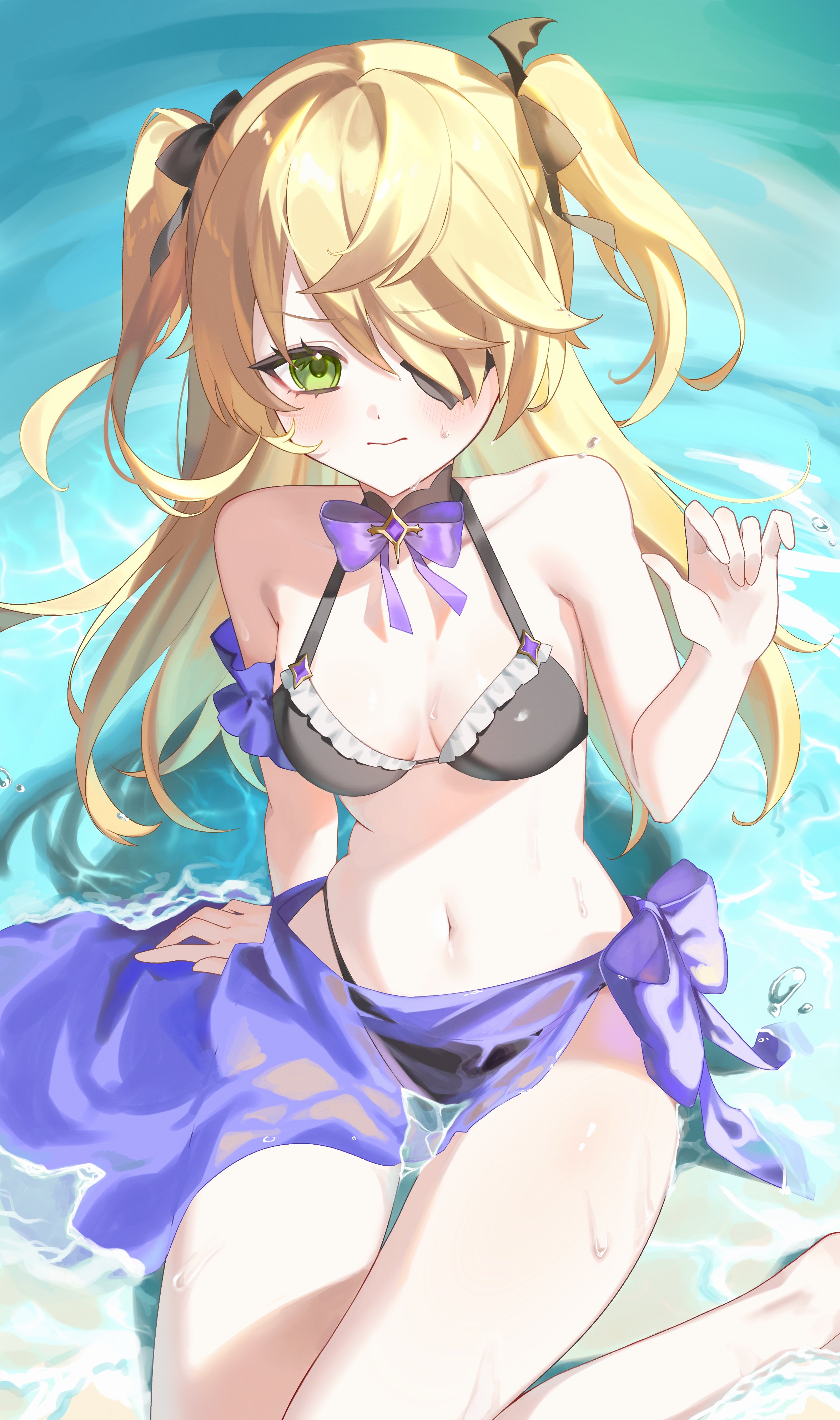 1girls, 2024, 2d, 2d (artwork), alternate costume, artist request, belly button, bikini, bikini bottom, bikini top, black bikini, black bikini bottom, black bikini top, black swimsuit, blonde hair, blush, bra, day, eyepatch, female, female focus, female only, fischl (genshin impact), front view, genshin impact, green eyes, high resolution, highres, light skin, light-skinned female, long hair, looking at viewer, navel, ocean, outdoors, pigtails, sitting, sitting in water, slim female, solo, solo female, swimsuit, thong, thong bikini, two piece swimsuit, water, young, younger female