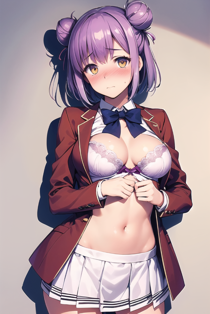 1girl ai_generated belly_button blue_bow blush classroom_of_the_elite hair_buns looking_at_viewer purple_bra purple_hair red_blazer schoolgirl shirt_up stomach tachibana_akane_(cote) unbuttoned_jacket white_skirt yellow_eyes