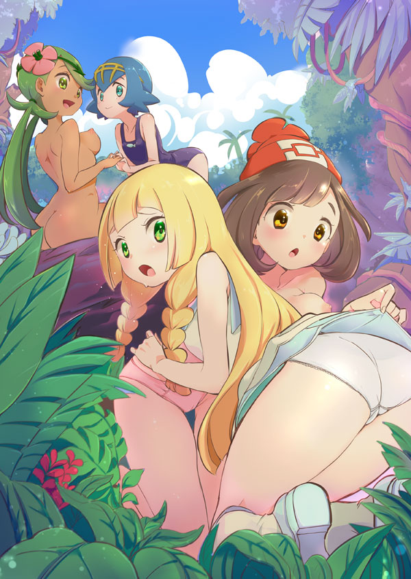 4girls ass beanie black_hair blonde_hair blue_eyes blue_hair blue_swimsuit braid breasts brown_eyes chorimokki dark_skin dress dress_lift female female_only green_eyes green_hair hat human human_only interlocked_fingers lana_(pokemon) leaf lillie_(pokemon) long_hair looking_at_another looking_at_viewer mallow_(pokemon) multiple_girls nintendo nipples one-piece_swimsuit open_mouth palm_tree panties pink_panties plant pokemon pokemon_sm selene_(pokemon) short_hair sitting surprise surprised swimsuit topless tree trial_captain twin_braids twintails underwear white_panties yuri