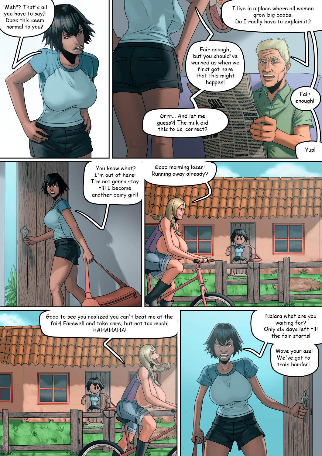 angry big_breasts carol_(mangrowing) comic dialogue did_you_say_moo? hands_on_hips huge_breasts laughing mangrowing naiara_(mangrowing) sandra_(mangrowing) shorts t-shirt tagme thighs