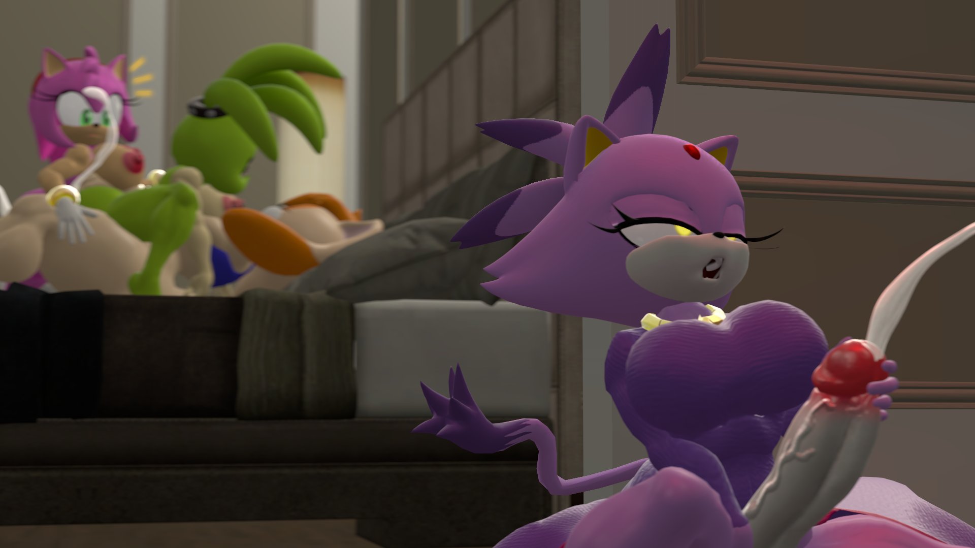 3d, 3d model, amy rose, blaze the cat, cuckquean, cum, cumshot, futa on futa, futa only, futanari, green eyes, idw comics, idw publishing, intersex, masturbation, mobian, mobian (species), mobian tenrec, pink hair, purple hair, sega, sidewaveformat, sonic (series), sonic the hedgehog (comics), sonic the hedgehog (idw), sonic the hedgehog (series), surge the tenrec, vanilla the rabbit, yellow eyes