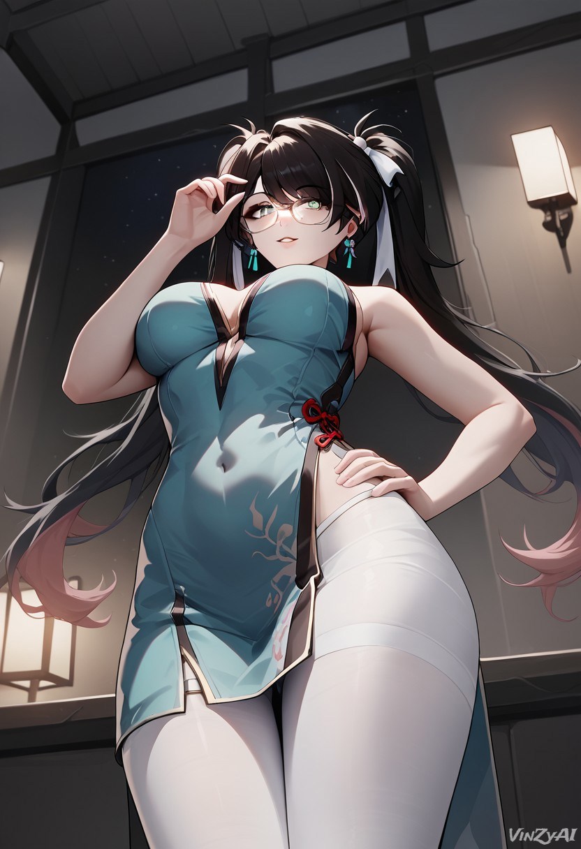 ai generated, big breasts, breasts, chinese clothes, cleavage, cowboy shot, dress, female, hi res, long hair, smile, thighs, twintails, vinzyai, wuthering waves, zhezhi (wuthering waves)