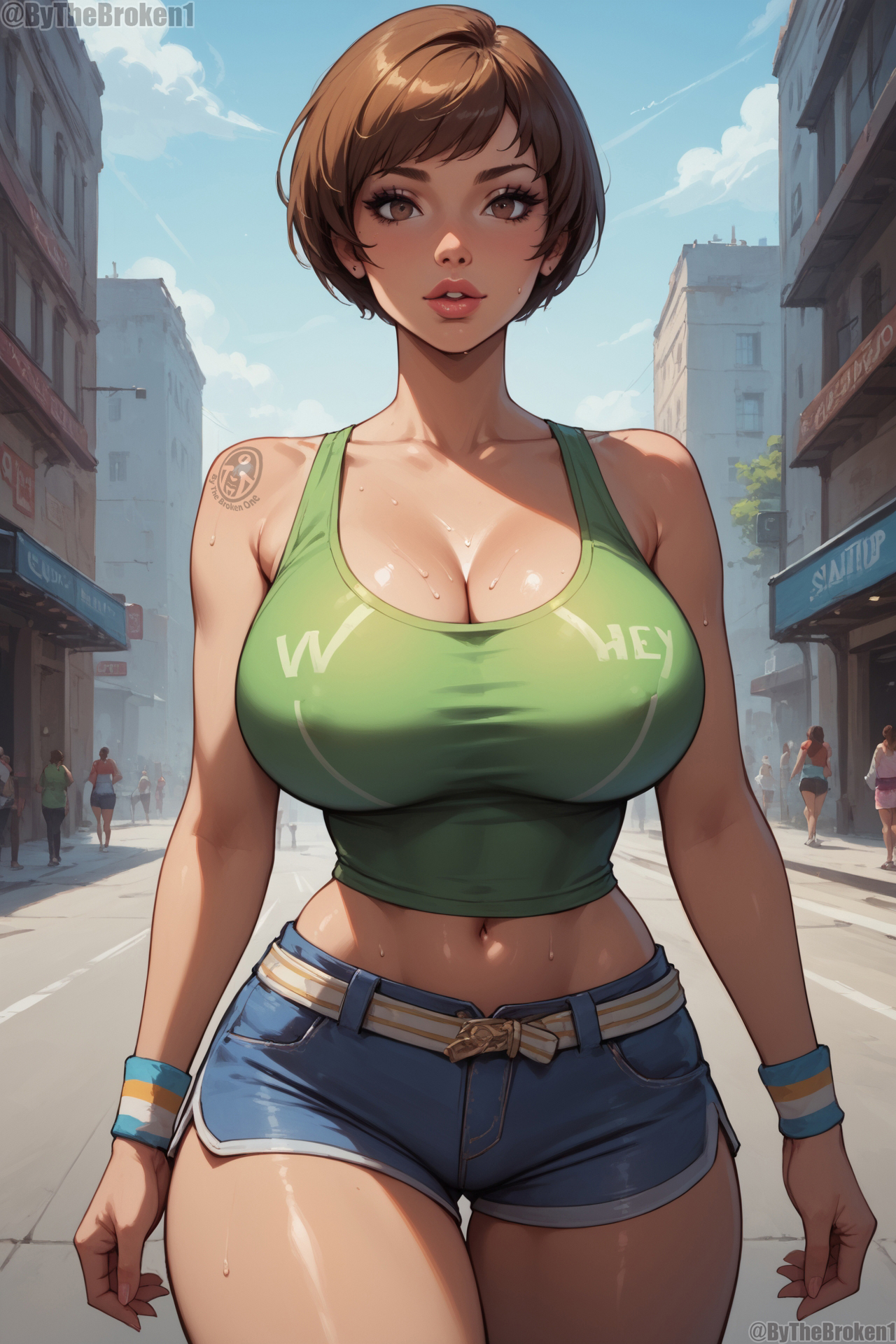 1girls, ai generated, big breasts, bimbo, breasts, brown hair, bythebrokenone, cleavage, denim shorts, female, gigantic breasts, large breasts, outdoors, persona, persona 4, satonaka chie, short hair, shorts, solo, tomboy