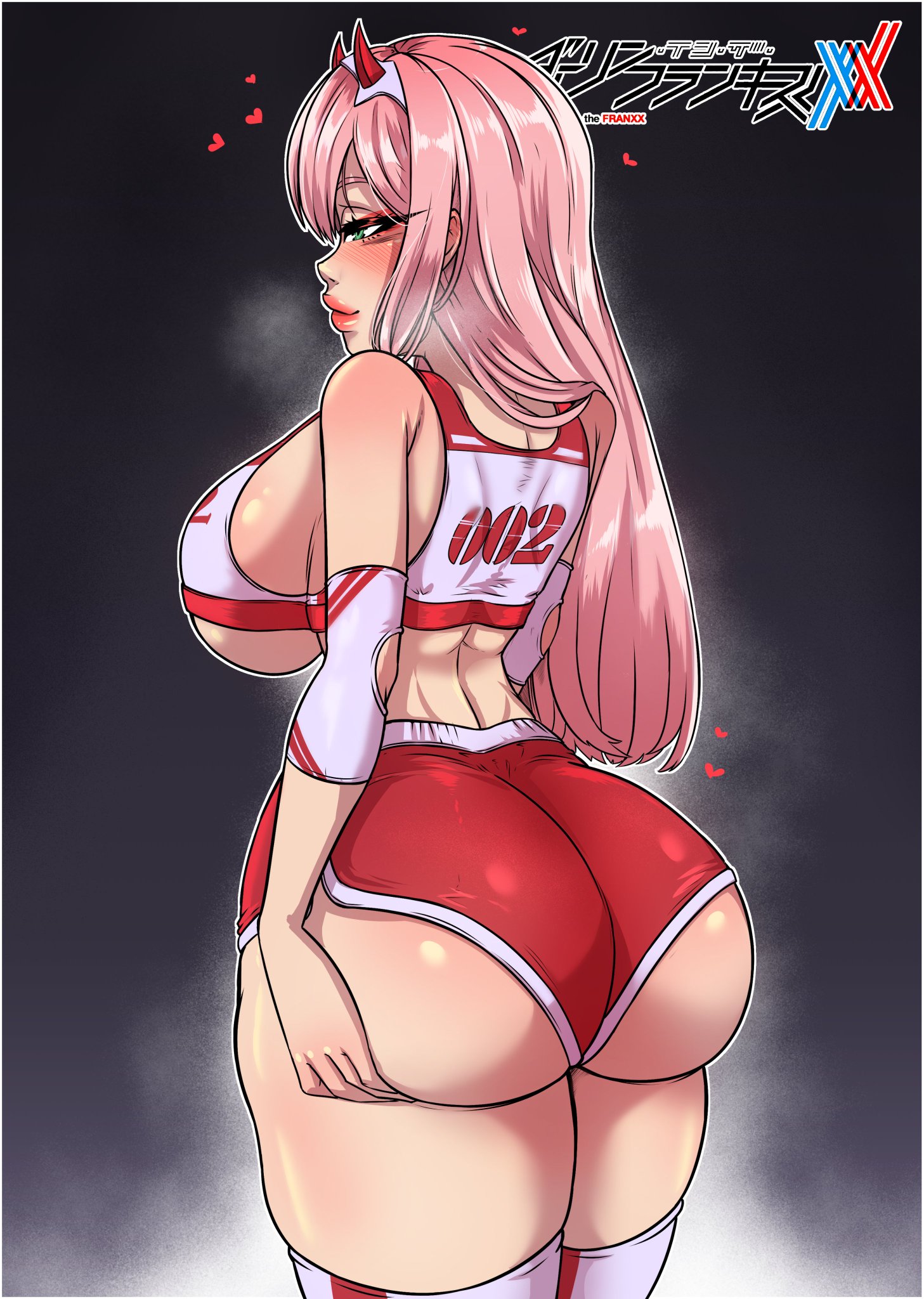 1girls, ass, ass focus, back, back view, bare shoulders, bare thighs, big ass, big breasts, big butt, blush, breasts, clothed, clothing, color, darling in the franxx, female, female focus, female only, hi res, horns, large breasts, light skin, light-skinned female, long hair, marko141, pink hair, solo, solo female, tagme, thick thighs, zero two (darling in the franxx)