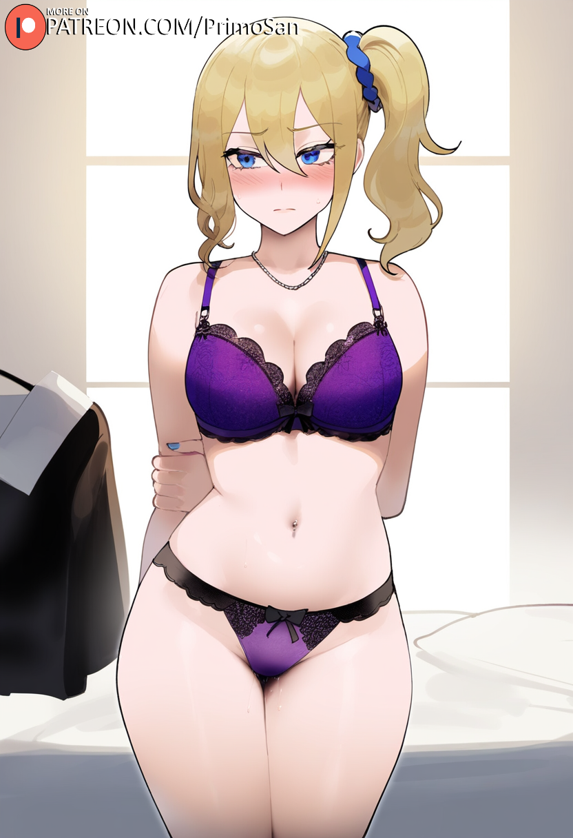 ai generated, blonde hair, blue eyes, bra, breasts, embarrassed, female, hair between eyes, hands behind back, hayasaka ai, kaguya-sama wa kokurasetai ~tensai-tachi no renai zunousen~, panties, primosan, purple bra, purple panties, side ponytail, standing