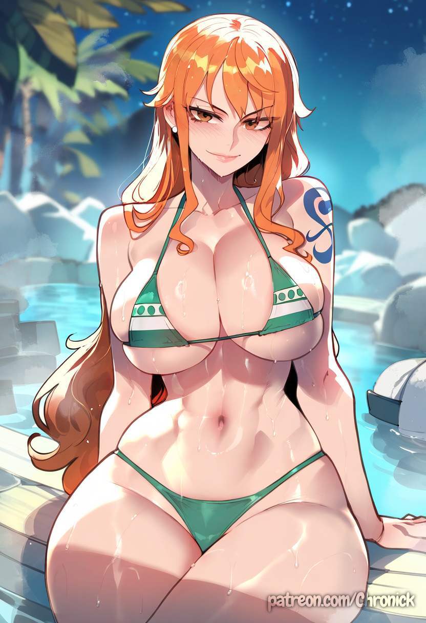 ai generated, bikini, breasts, chronick, female, female only, huge breasts, nai diffusion, nami (one piece), one piece, sitting, solo, swimsuit, tattoo, thick, thick thighs