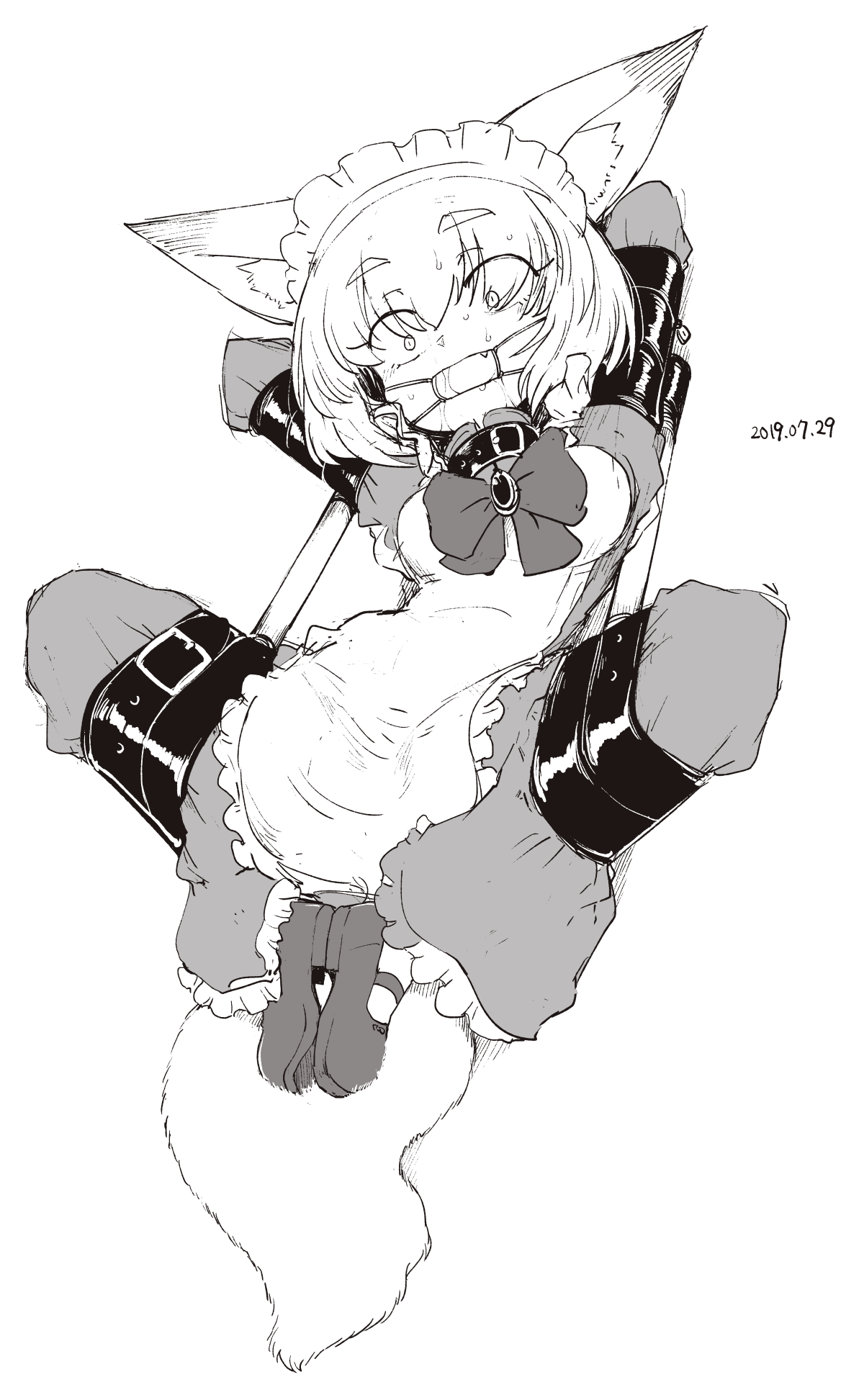 2019, animal humanoid, arms tied, bodily fluids, bondage, bound, bow tie, breasts, canid, canid humanoid, canine, canine humanoid, clothed, clothing, collar, dress, drooling, female, footwear, fox humanoid, fully bound, gag, gagged, gosuzun, greyscale, hi res, humanoid, inner ear fluff, legs tied, legwear, maid headdress, maid uniform, mammal, mammal humanoid, monochrome, sakifox, saliva, shoes, socks, solo, sweat, uniform