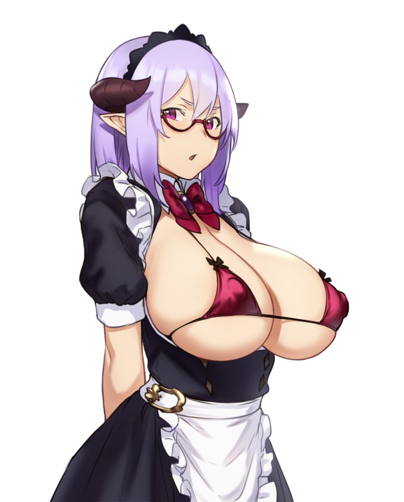 1girls, big breasts, bra, breasts, cleavage, female, female only, glasses, horn, houtengeki, large breasts, looking at viewer, maid, maid headdress, solo