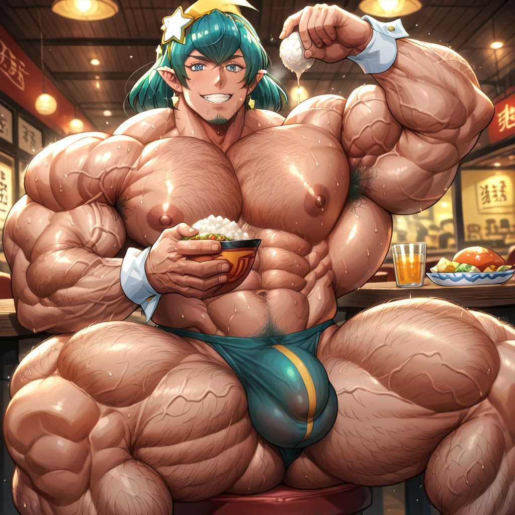 abs ai_generated ambush_(trap) armpit big_muscles cure_milky extreme_muscles flexing genderswap_(ftm) green_eyes green_hair hagoromo_lala male male_only mall muscular muscular_male penis_bulge precure precure-r34 pretty_cure rice rule_63 solo star_twinkle_precure