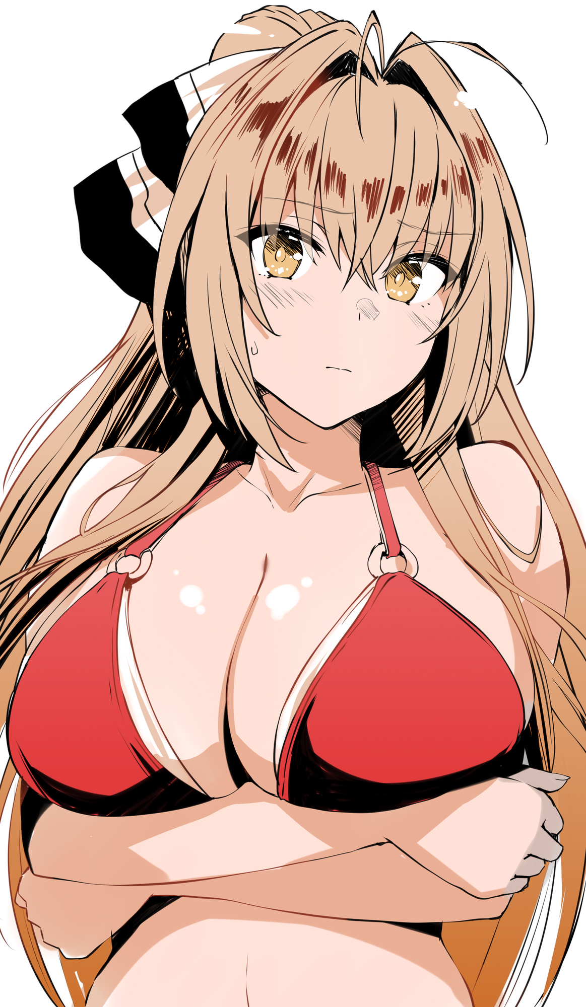 1girls, amagi brilliant park, antenna hair, arms under breasts, belko, bikini, blush, breasts, brown eyes, brown hair, cleavage, collarbone, female, hair ribbon, hi res, highres, large breasts, long hair, looking at viewer, o-ring, o-ring bikini, o-ring top, red bikini, ribbon, sento isuzu, simple background, swimsuit, upper body, white background
