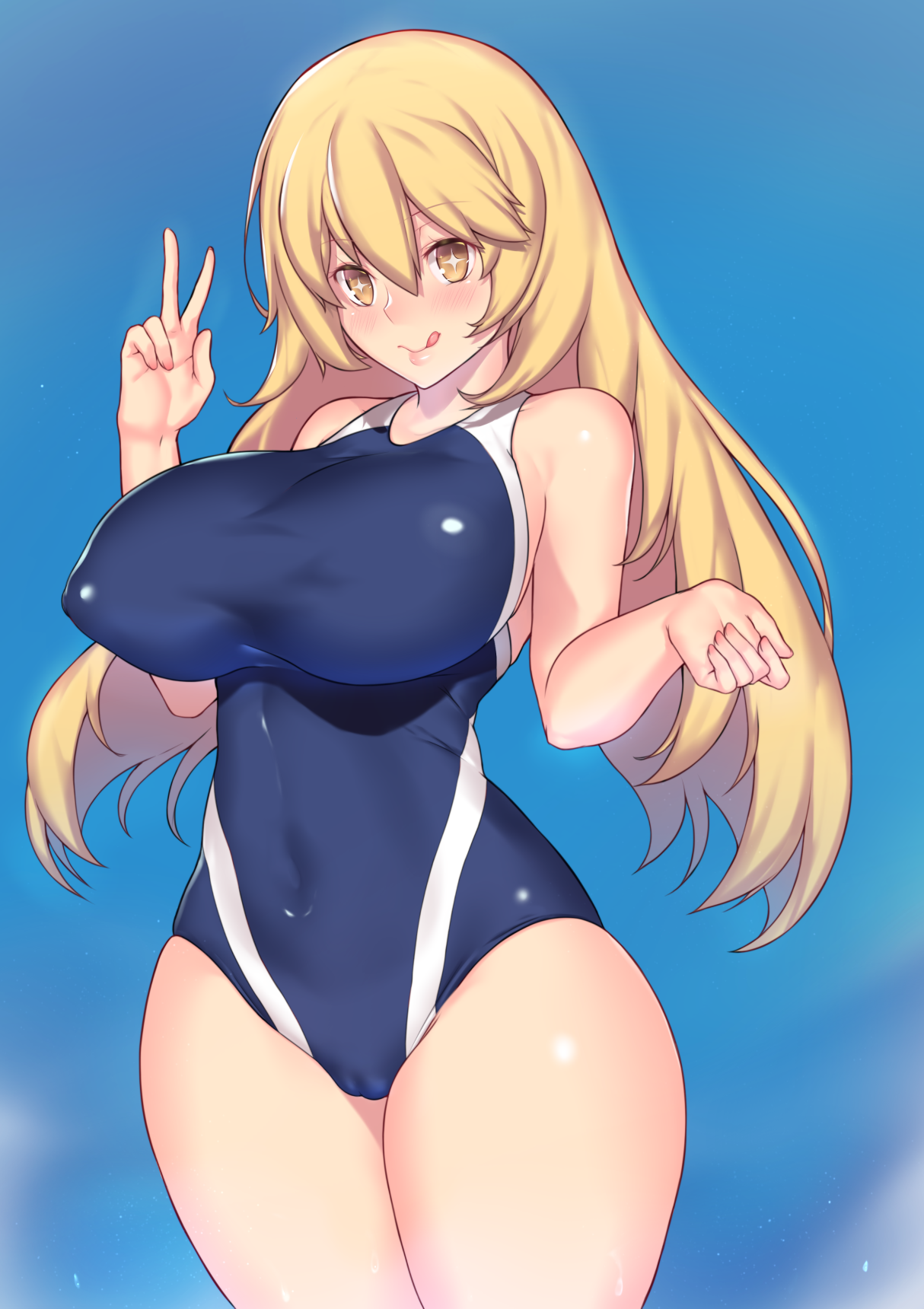 1girls, aster crowley, big breasts, blonde hair, blush, breasts, cameltoe, cleavage, female, female only, large breasts, looking at viewer, no nostrils, one-piece swimsuit, pussy, shokuhou misaki, solo, swimsuit, to aru kagaku no railgun, to aru majutsu no index, tongue, tongue out