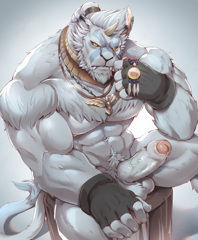 2019, abs, amber eyes, anthro, balls, beard, biceps, choker, clothing, erection, facial hair, fangs, feathers, final fantasy, final fantasy xiv, foreskin, fur, gloves, grey fur, hair, handwear, horn, hrothgar, jewelry, looking at viewer, male, male only, muscular, muscular male, navel, necklace, nipples, nude, pecs, penis, pubes, quads, sharp teeth, silver hair, sitting, sollyz, solo, square enix, teeth, triceps, uncircumcised, uncut, vein, veiny penis, video games