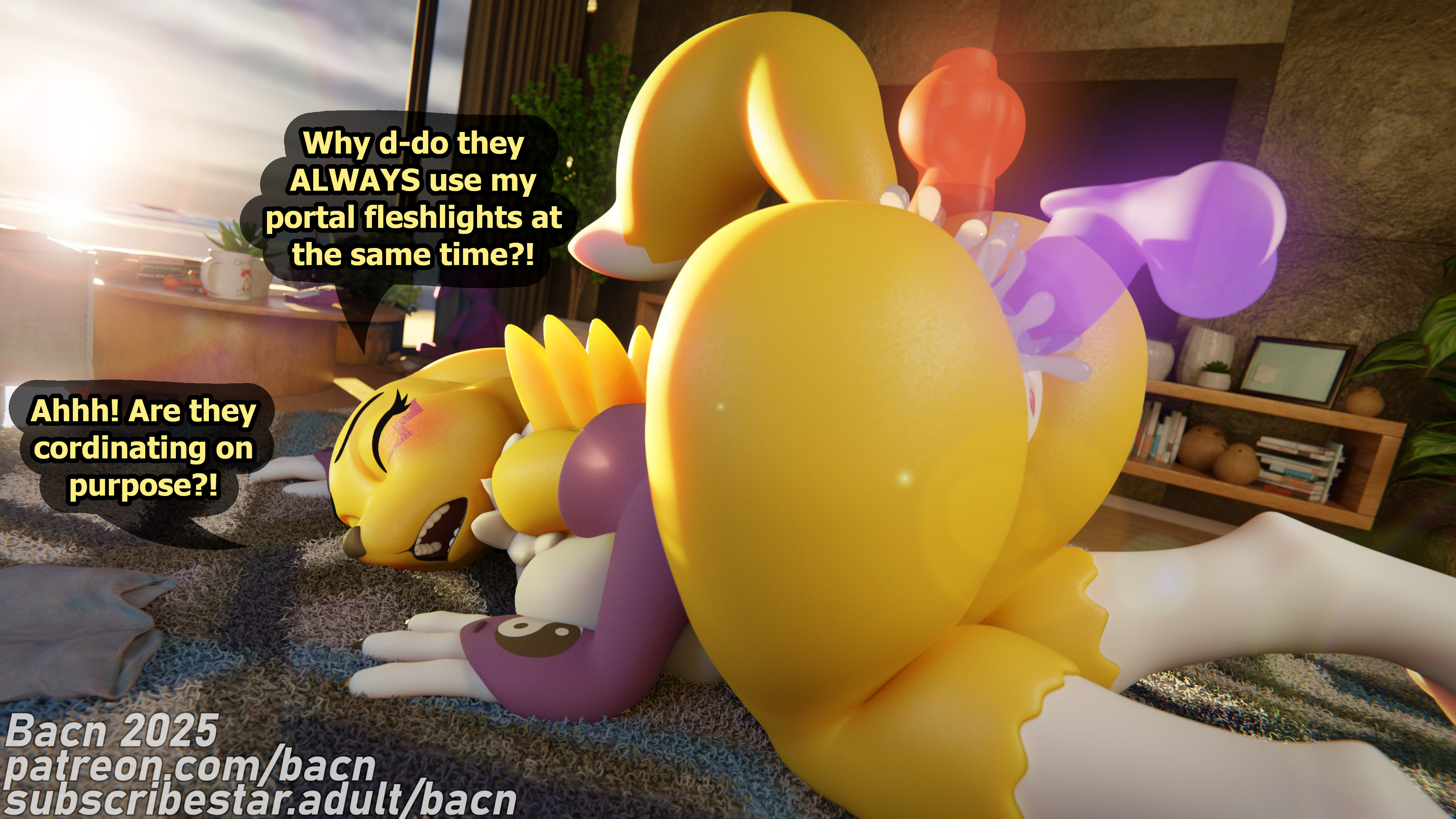 2025, 3d, 3d (artwork), absurd res, anal, anal sex, anthro, ass, ass up, bacn, bacn (modeler), balls, bandai namco, big breasts, blush, bodily fluids, breasts, canid, canine, claws, cum, cum in ass, cum in vagina, cum inside, cumshot, detailed background, dialogue, digimon, digimon (species), digital media (artwork), disembodied penis, double penetration, ejaculation, english text, erection, female, female penetrated, fox, genital fluids, genitals, group, group sex, guilmon, guilmon (bacn), hi res, huge breasts, humanoid genitalia, humanoid penis, imp, impmon, impmon (bacn), inside, male, male penetrating, male/female, mammal, non-euclidean sex, nude, open mouth, orgasm, penetrable sex toy, penetration, penile, penis, portal fleshlight, portal sex, pussy, renamon, renamon (bacn), scalie, sex, sex toy, solo focus, tail, text, thinking with portals, threesome, trio, vaginal penetration, white body, yellow body