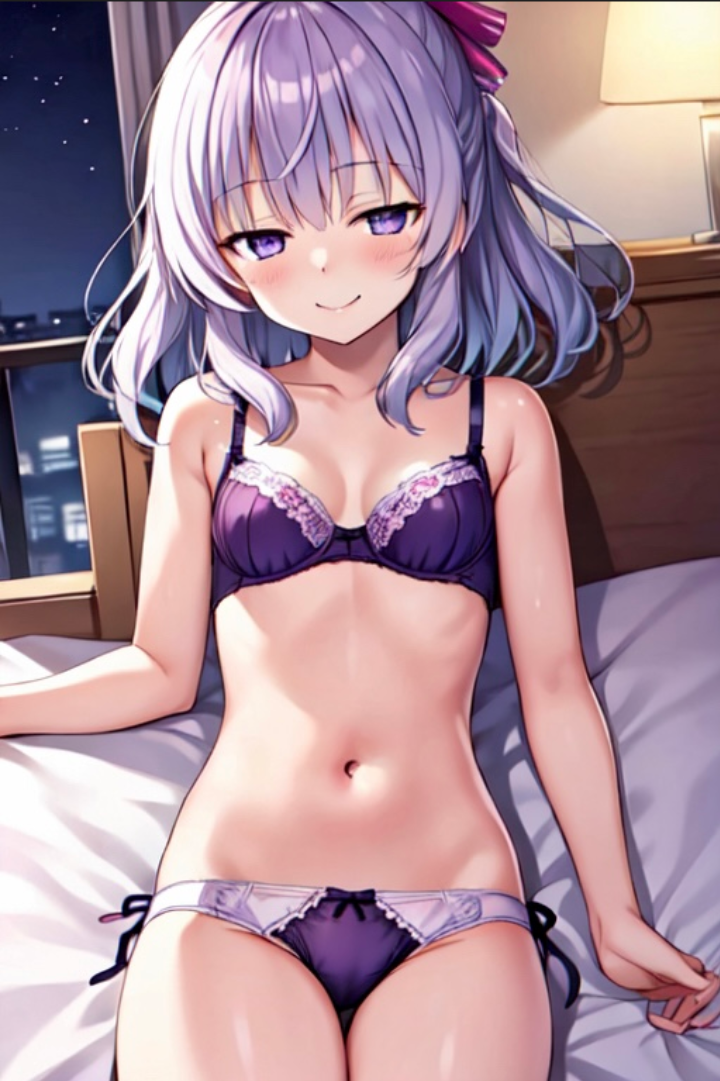 194nis 1girl ai_generated belly_button classroom_of_the_elite lamp laying_on_bed petite_body purple_bra purple_eyes purple_hair purple_panties sakayanagi_arisu schoolgirl smiling_at_viewer stomach