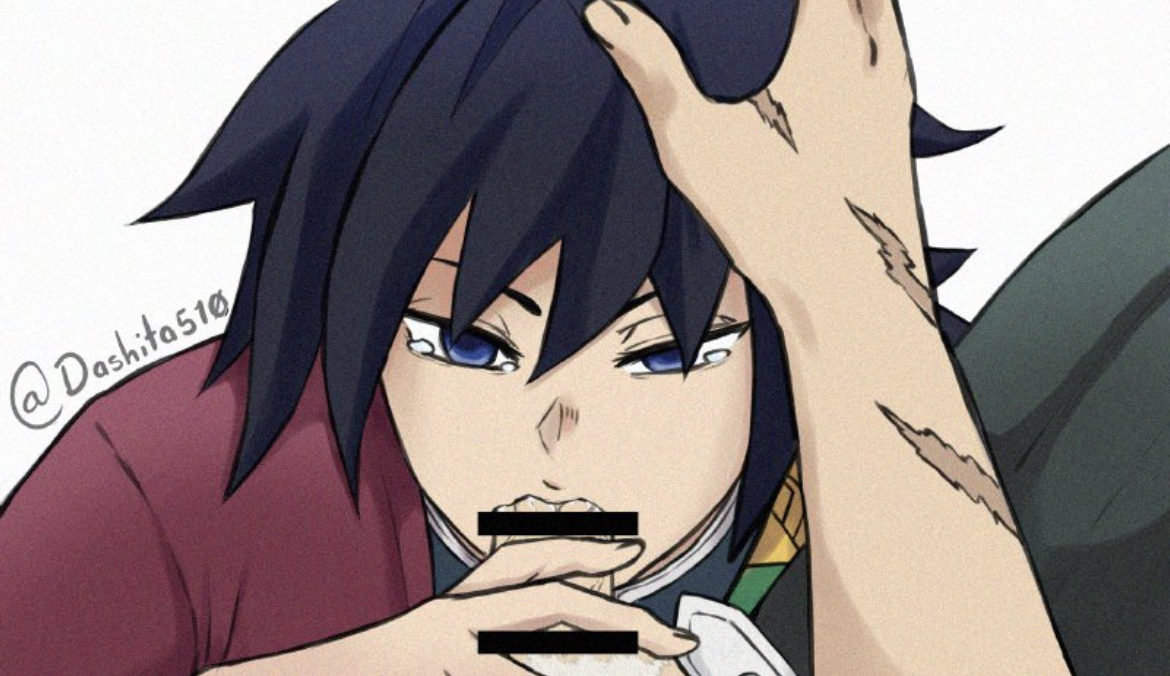 censored penis, clothed, demon slayer, face closeup, fellatio, gay, gay sex, male, male/male, oral, oral penetration, oral sex, partially clothed, penis, sanegiyuu, sanemi shinazugawa, sucking penis, tears, tomioka giyuu