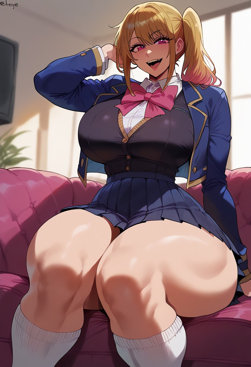 ai_generated ailurid blonde_hair hoshino_ruby muscular_thighs oshi_no_ko rayasox smile thick_thighs