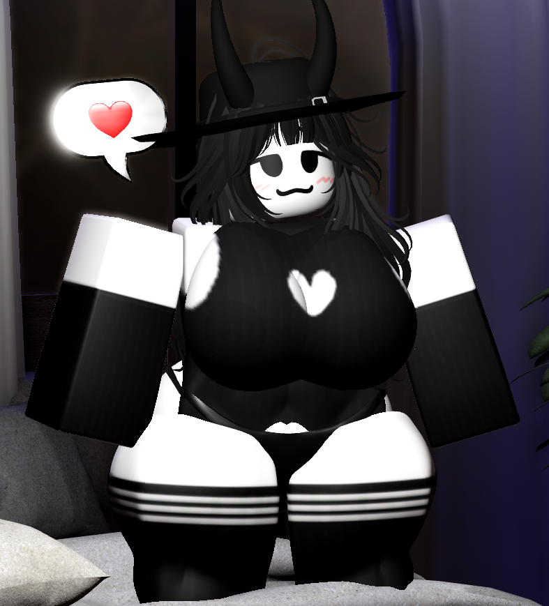 1girls 3d armwear bedroom big_breasts big_butt big_thighs black_hair black_hat black_horns blush breasts clothing heart high_tights leotard panties roblox roblox_avatar robloxian shadowflame38s smile smug_face tagme thick_thighs thighhighs thighs white_skin