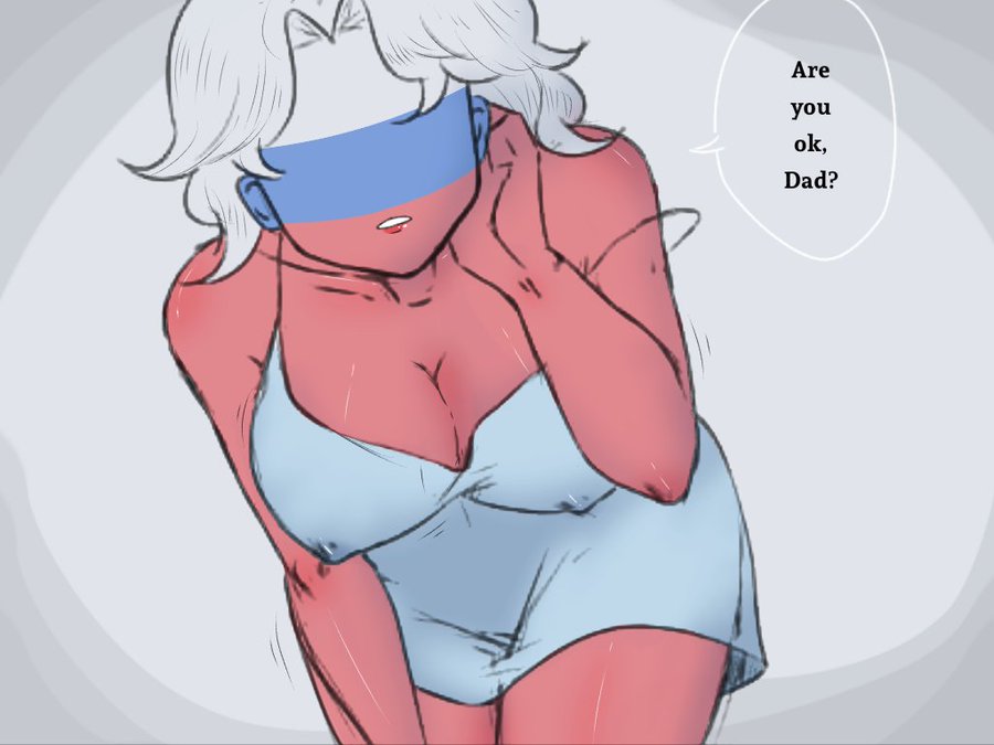 big breasts, blue dress, breasts, countryhumans, countryhumans girl, daughter and dad, female, female focus, have fun, nipples visible through clothing, no eyes, russia (countryhumans), soviet union (countryhumans), speech bubble, talking, talking to another, thighs, white hair