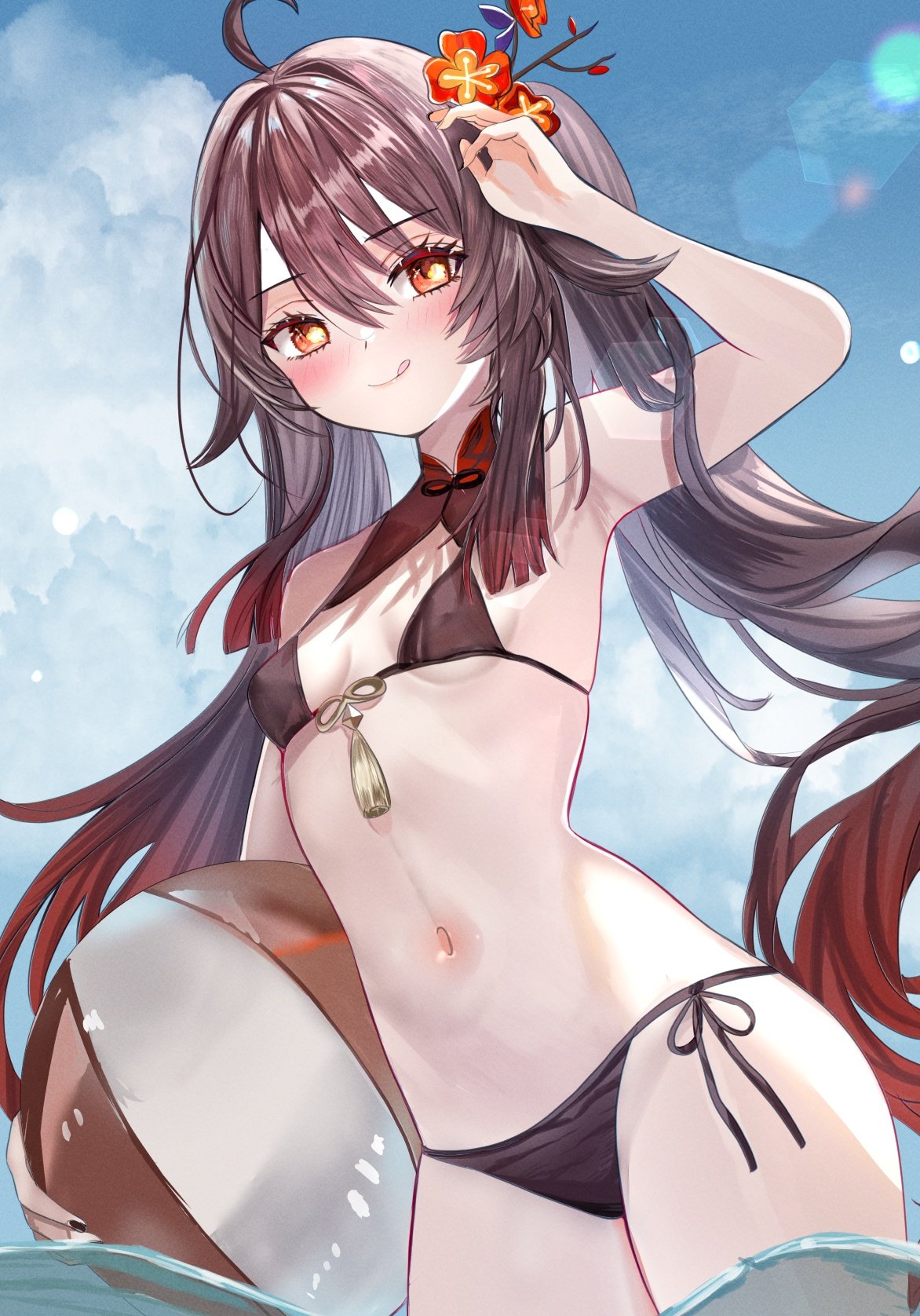 1girls 2024 2d 2d_(artwork) alternate_costume belly_button bikini bikini_bottom bikini_top black_bikini_bottom blush bra brown_bikini_top brown_hair clouds day female female_focus female_only flowers flowers_in_hair front_view genshin_impact high_resolution highres holding_ball holding_object hu_tao_(genshin_impact) light-skinned_female light_skin long_hair looking_at_viewer mitsu336 navel ocean outdoors petite petite_body petite_female pigtails red_eyes revealing_swimsuit sky slim_girl small_breasts smiling smiling_at_viewer solo solo_female solo_focus standing standing_in_water summer swimsuit thong thong_bikini two_piece_swimsuit water young younger_female