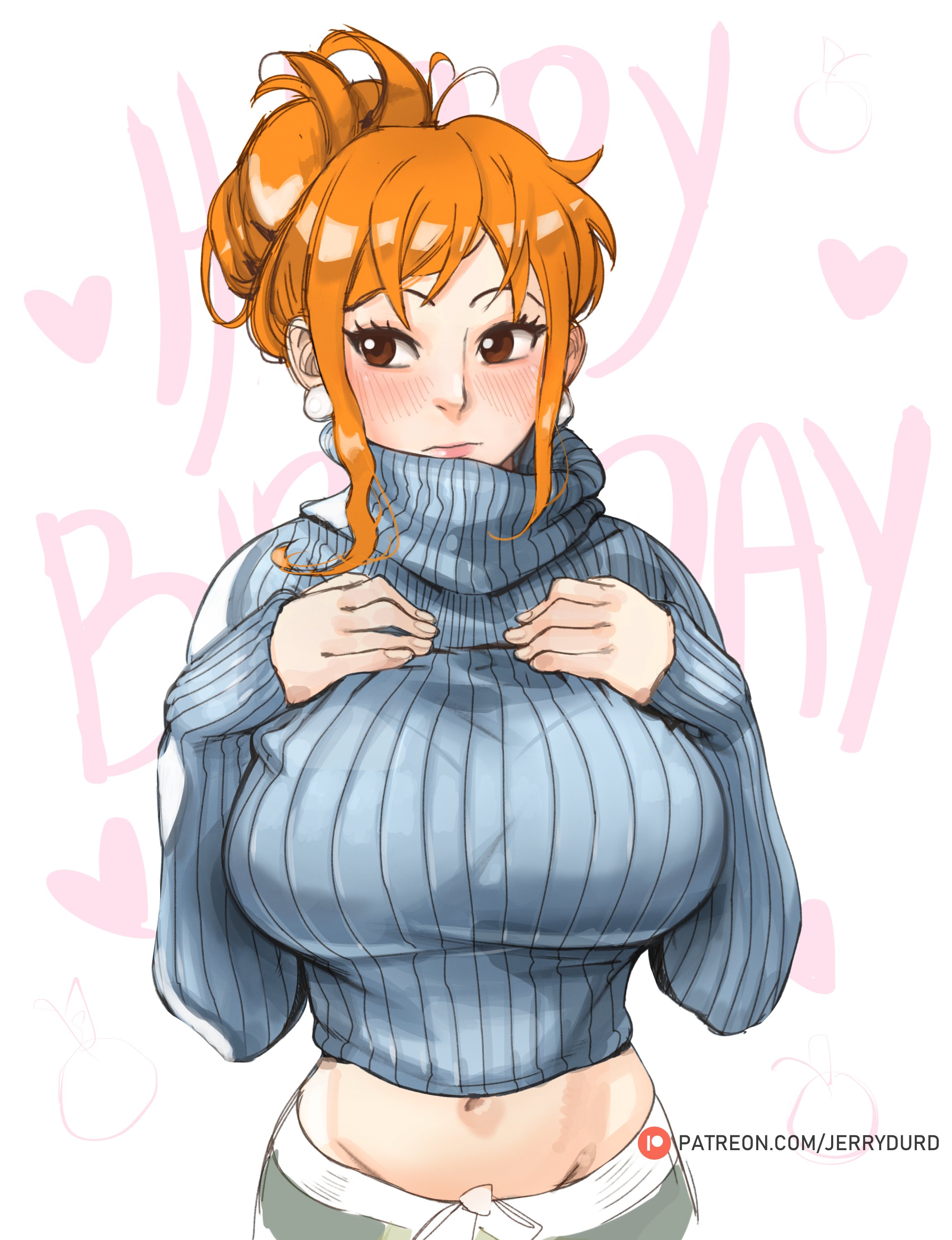 1girls, big breasts, blush, breasts, episode of luffy, female, female only, jerrydurd, nami (one piece), one piece, orange hair, orange-haired female, ribbed sweater, sweater, turtleneck, turtleneck sweater