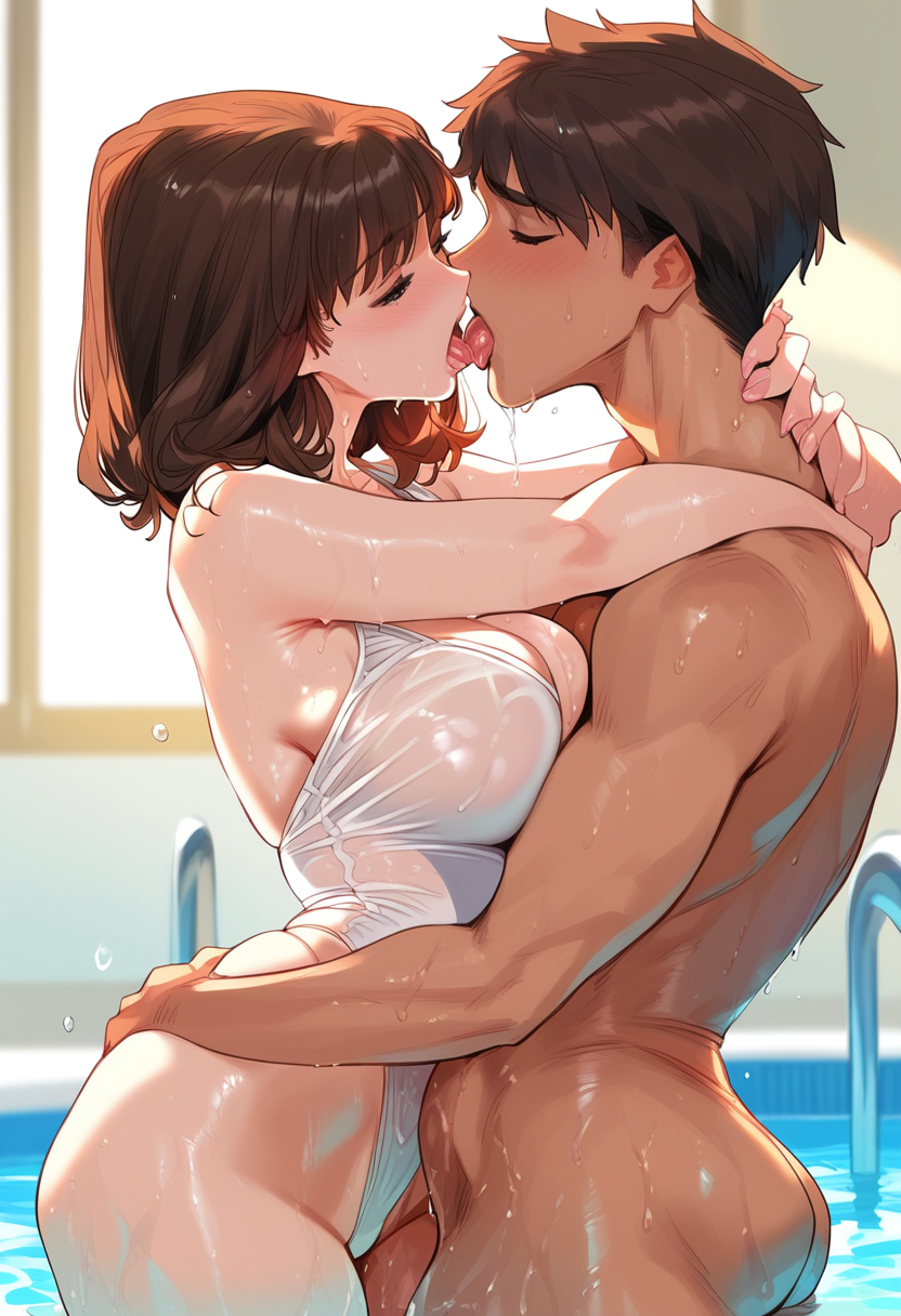 1boy 1girls 2d ai_generated big_breasts brown_hair embrace i"s indoors kissing nude_male one_piece_swimsuit pool see-through swimsuit tagme wet wet_body wet_clothes white_swimsuit yoshizuki_iori