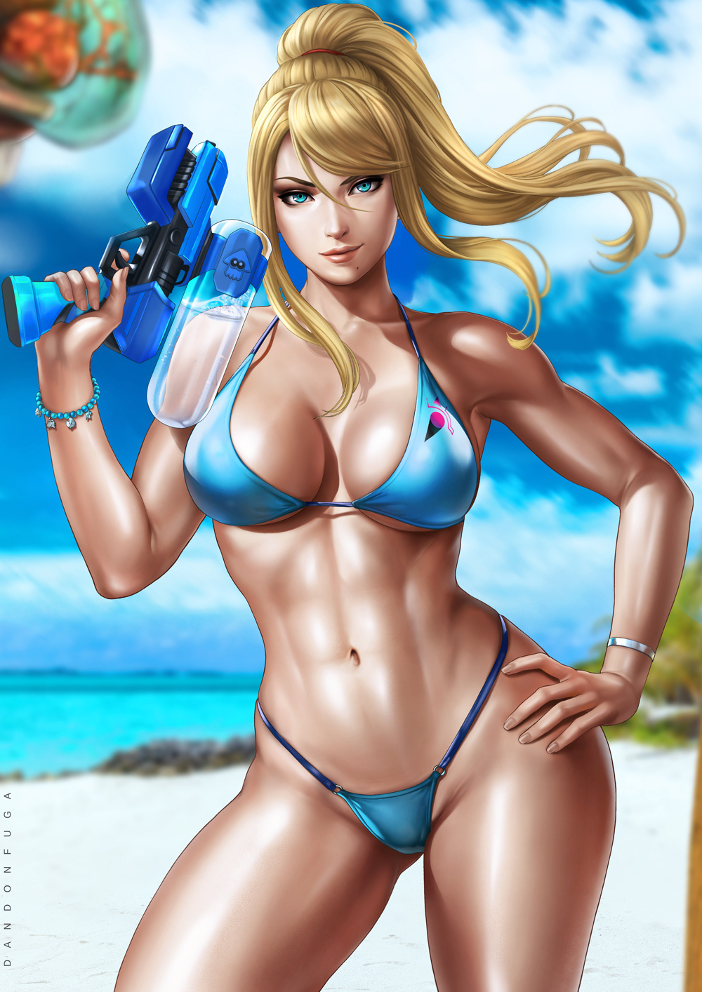 1girls, abs, ass, baby (metroid), beach, big ass, big breasts, bikini, blonde hair, blue eyes, blue thong, blurry background, breasts, cleavage, dandon fuga, digital media (artwork), female, female focus, female only, hair between eyes, hand on hip, large breasts, light skin, long hair, looking at viewer, metroid, mole under mouth, muscles, navel, nintendo, outdoors, pose, posing, samus aran, sidelocks, solo, solo focus, standing, thick thighs, thighs, thong, thong bikini