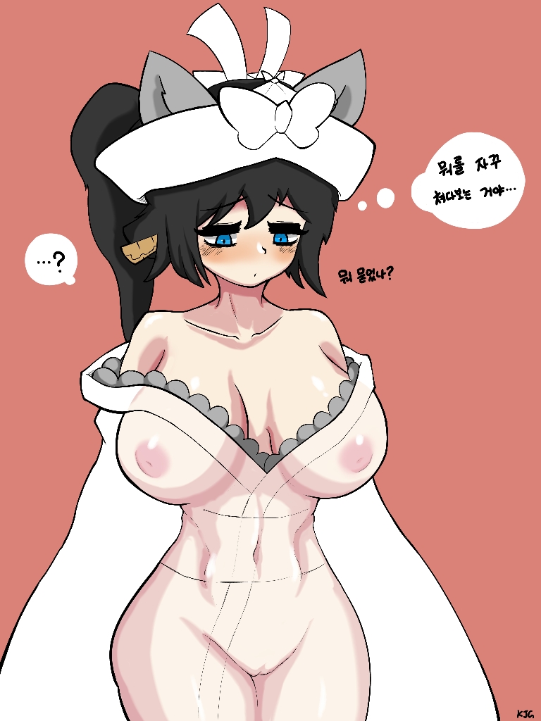 big_breasts black_hair blue_eyes blush breasts breasts_visible_through_clothing cat_ears collarbone epicfest_(the_battle_cats) female female_only headwear hourglass_figure huge_breasts jizogod kimono korean_text large_breasts mitama_(battle_cats) nipples_visible_through_clothing pussy pussy_visible_through_clothes see-through see-through_clothing see_through tagme the_battle_cats thick_thighs thighs wide_hips