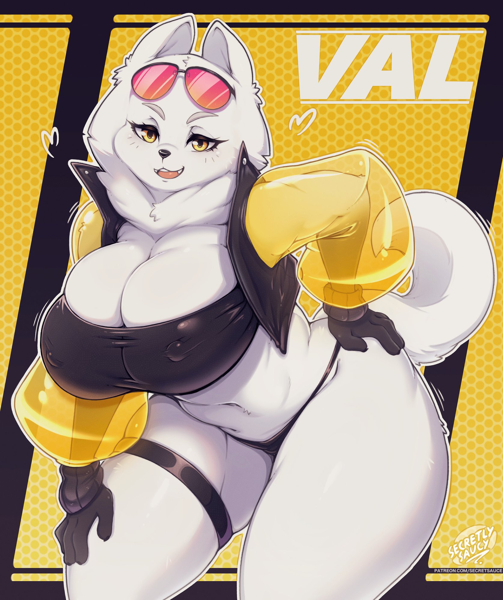 1girls, 2d, anthro, anthro only, ass, big breasts, breasts, bursting breasts, canid, canine, canis, cleavage, cleavage overflow, curvy, curvy figure, digital media, domestic dog, female, female only, furry, furry only, huge breasts, leaning forward, looking at viewer, monotone body, monotone fur, plump, samoyed, secretly saucy, seductive look, smile, smiling, solo, standing, thick ass, thick thighs, white body, white fur, wide hips