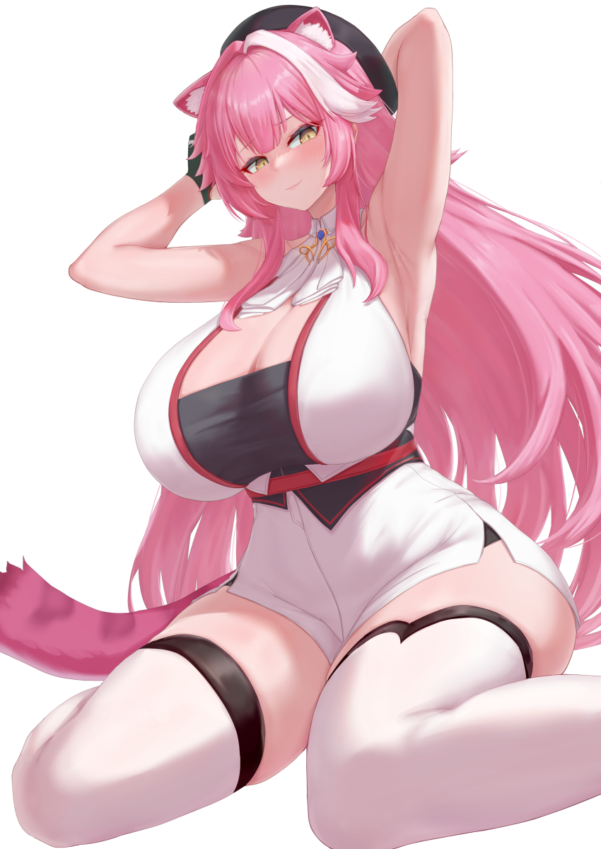 animal_ears armpits arms_up ascot beret black_beret black_gloves black_tube_top blue_gemstone blush breasts closed_mouth cream_cod female gem gloves hat highres hololive hololive_english hololive_english_-justice- huge_breasts light_smile long_hair looking_at_viewer multicolored_hair panther_ears panther_girl panther_tail pink_hair raora_panthera shirt simple_background sitting skirt solo strapless thighhighs thighs tube_top two-tone_hair virtual_youtuber wariza white_ascot white_background white_shirt white_skirt white_thighhighs yellow_eyes