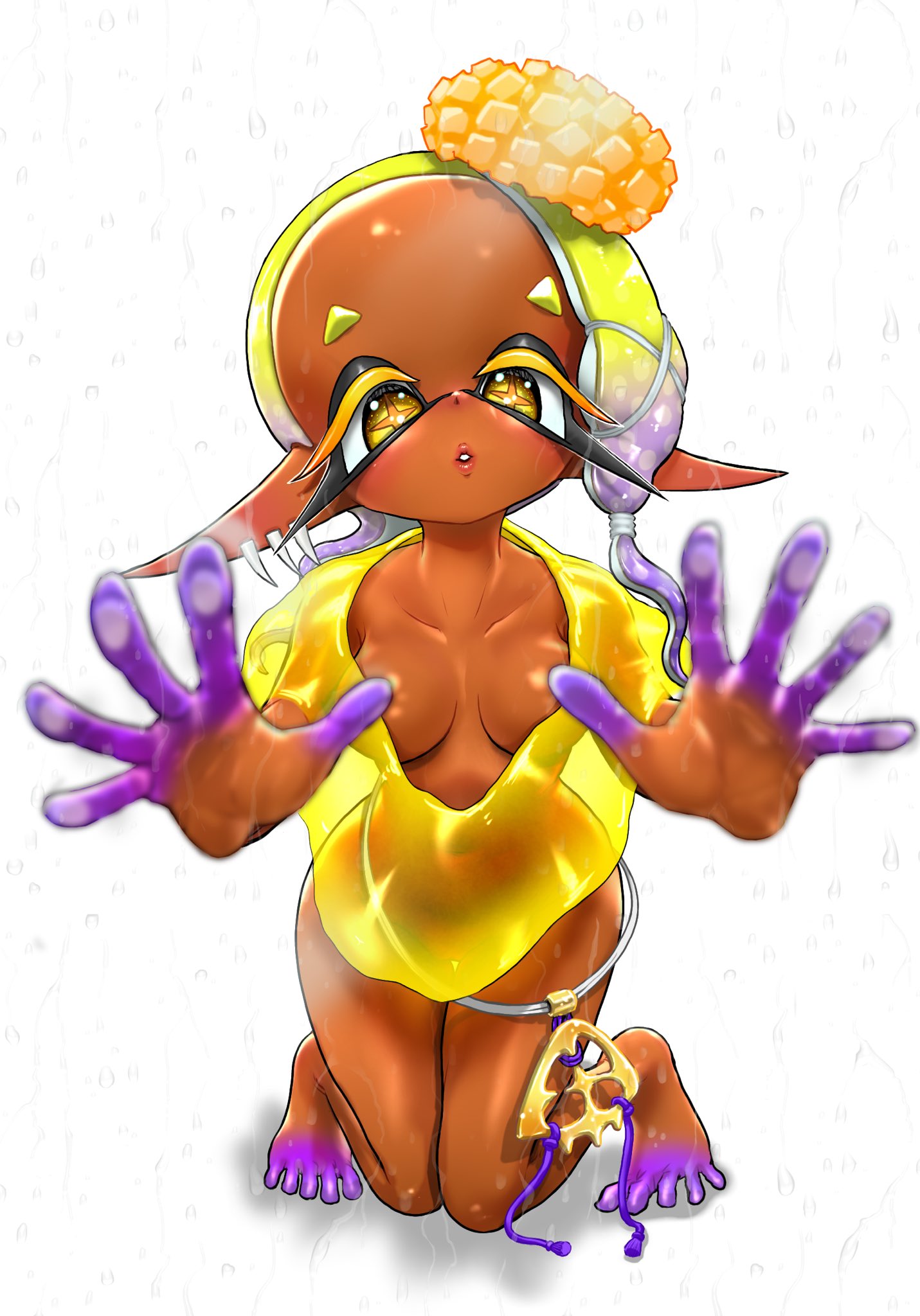 big_breasts big_forehead convenient_censoring dark-skinned_female dark_skin feet frye_(splatoon) frye_onaga koharuno2 nude raining shawl splatoon splatoon_(series) splatoon_3 tentacle_hair thighs yellow_eyes