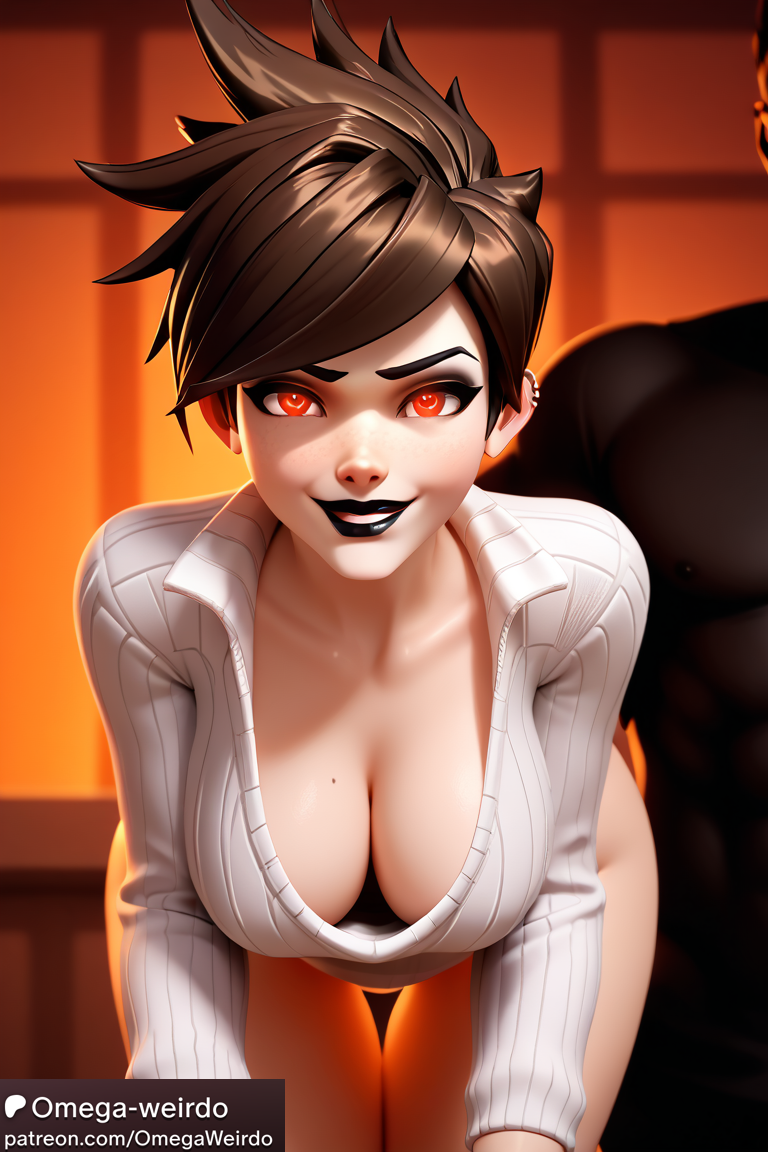 1boy 1girl ai_generated big_breasts black_lipstick black_man brown_hair cleavage corruption downblouse evil evil_smile female glowing_eyes lipstick makeup omega-weirdo omegaweirdo overwatch overwatch_2 patreon red_eyes talon tracer