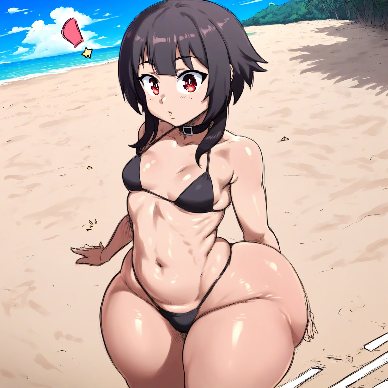 ai generated, ass, beach, big ass, bikini, choker, curvy, female, female only, girly, huge ass, kono subarashii sekai ni shukufuku wo!, megumin, ocean, original, shortstack, sunny, swimsuit, swimwear, thecook, thick ass, thick thighs, voluptuous, wide hips